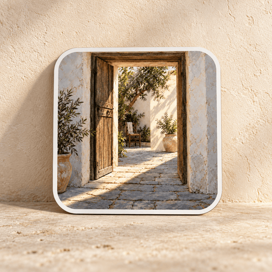 First Stripe of Sun Magnet, a square art magnet depicting an open wooden doorway leading to a sunlit Mediterranean courtyard scene with potted olive trees.