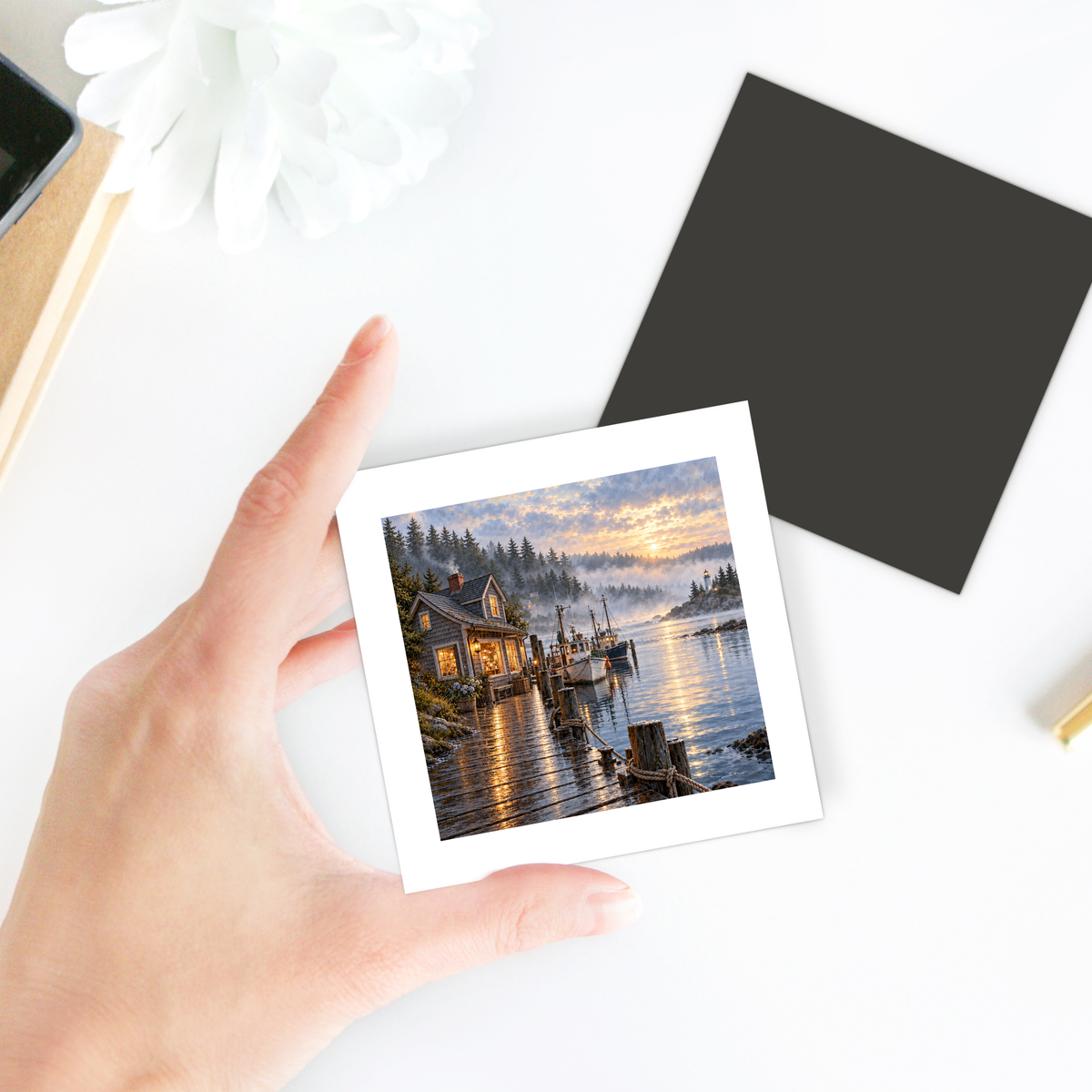 A hand holds a square Harbor Before Town Wakes Magnet, featuring a harbor illustration of a lit cabin on a wooden dock at sunrise.