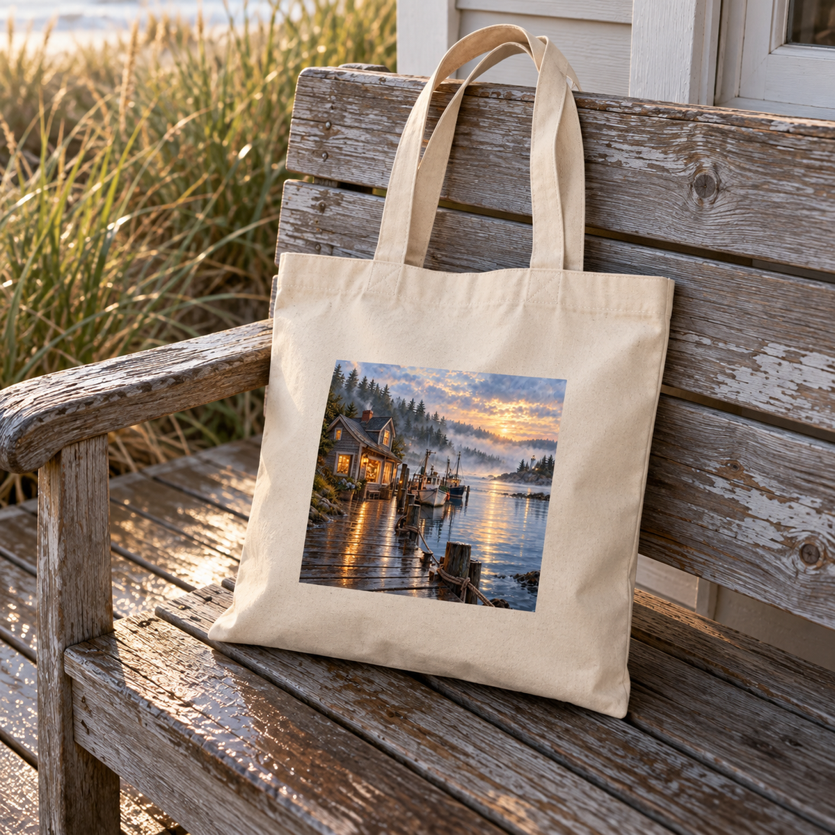 A natural canvas Harbor Before Town Wakes Tote Bag by Mirabilia Boutique, featuring a harbor artwork scene of a coastal cottage and fishing boats at sunrise, resting on a wooden bench.