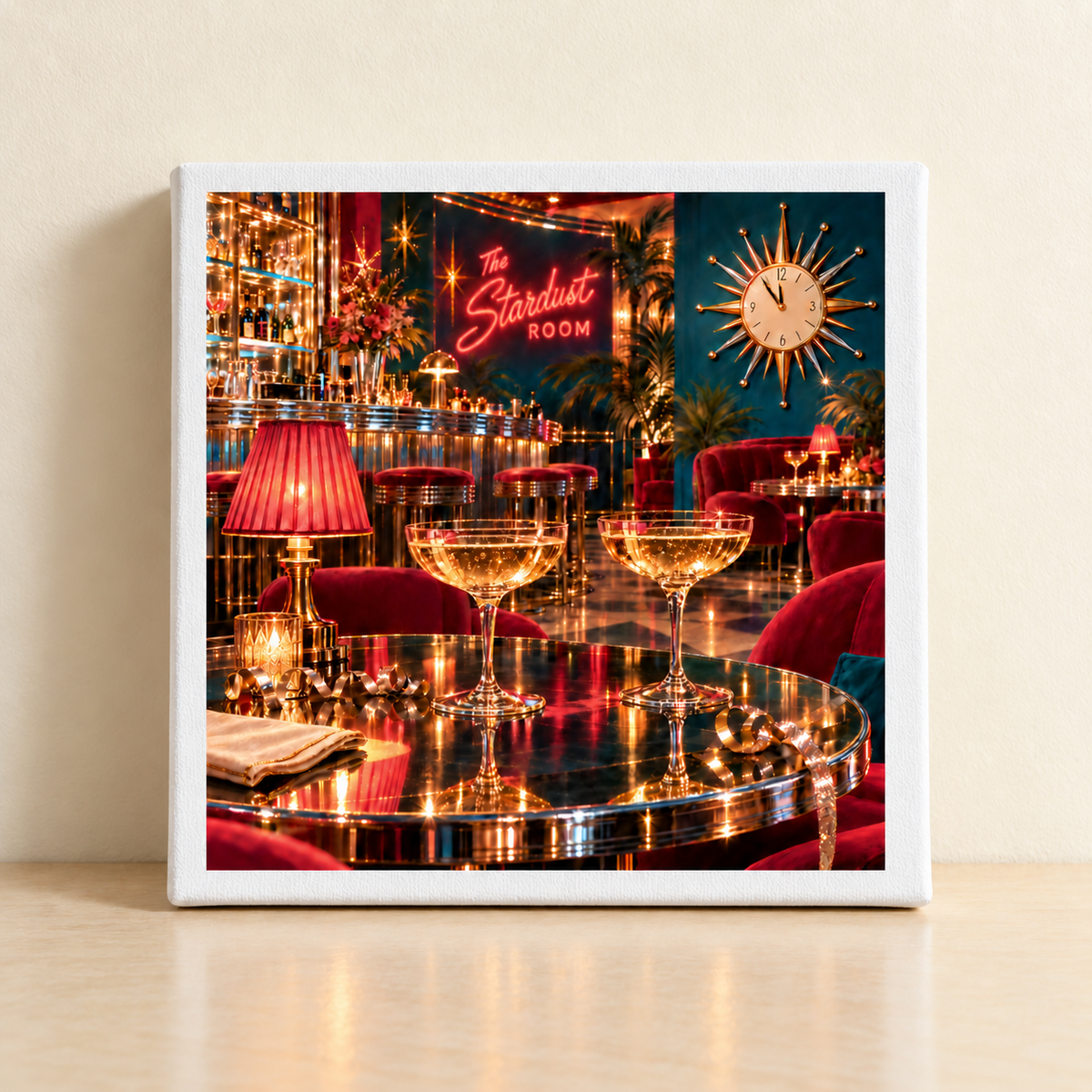 Five Minutes to Midnight Canvas | Chrome & Starlight shows a dimly lit mid-century cocktail lounge with two champagne coupes on a metallic table, a sunburst wall clock, and a neon sign reading “The Stardust Room.”.