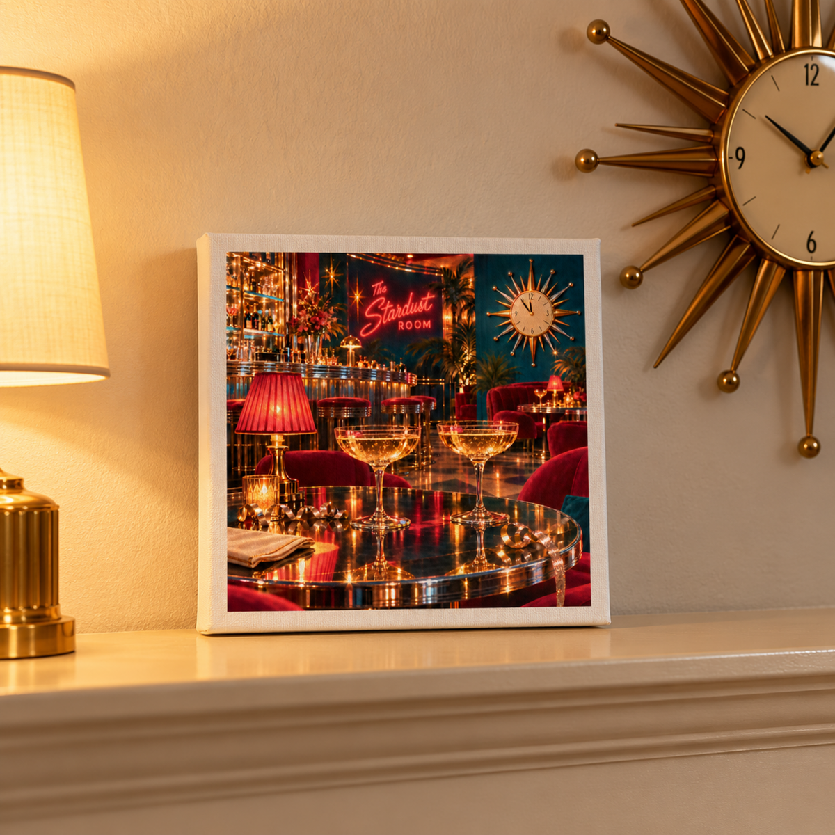 Five Minutes to Midnight Canvas | Chrome & Starlight displayed on a fireplace mantel next to a starburst clock, featuring a stardust room artwork with two cocktail coupes on a table.