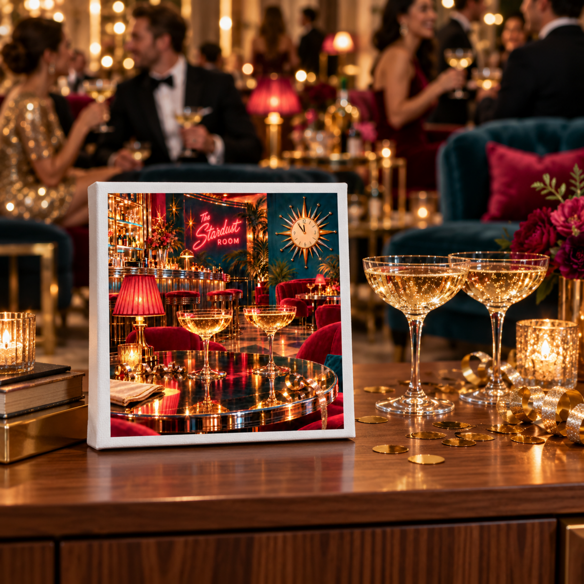 The Five Minutes to Midnight Canvas | Chrome & Starlight framed on a wooden table next to two glasses of champagne, depicting a mid-century cocktail lounge at night with a “The Stardust Room” neon sign and a sunburst clock.