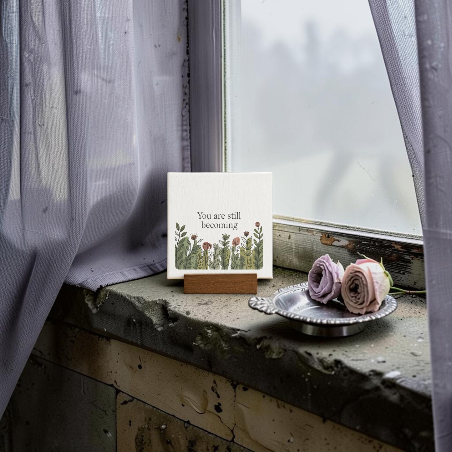 The Mirabilia Boutique "You Are Still Becoming" Mini Canvas Sign featuring floral illustrations sits on a windowsill beside mauve roses in a silver tray, framed by misty glass and sheer purple curtains for a soft botanical touch.