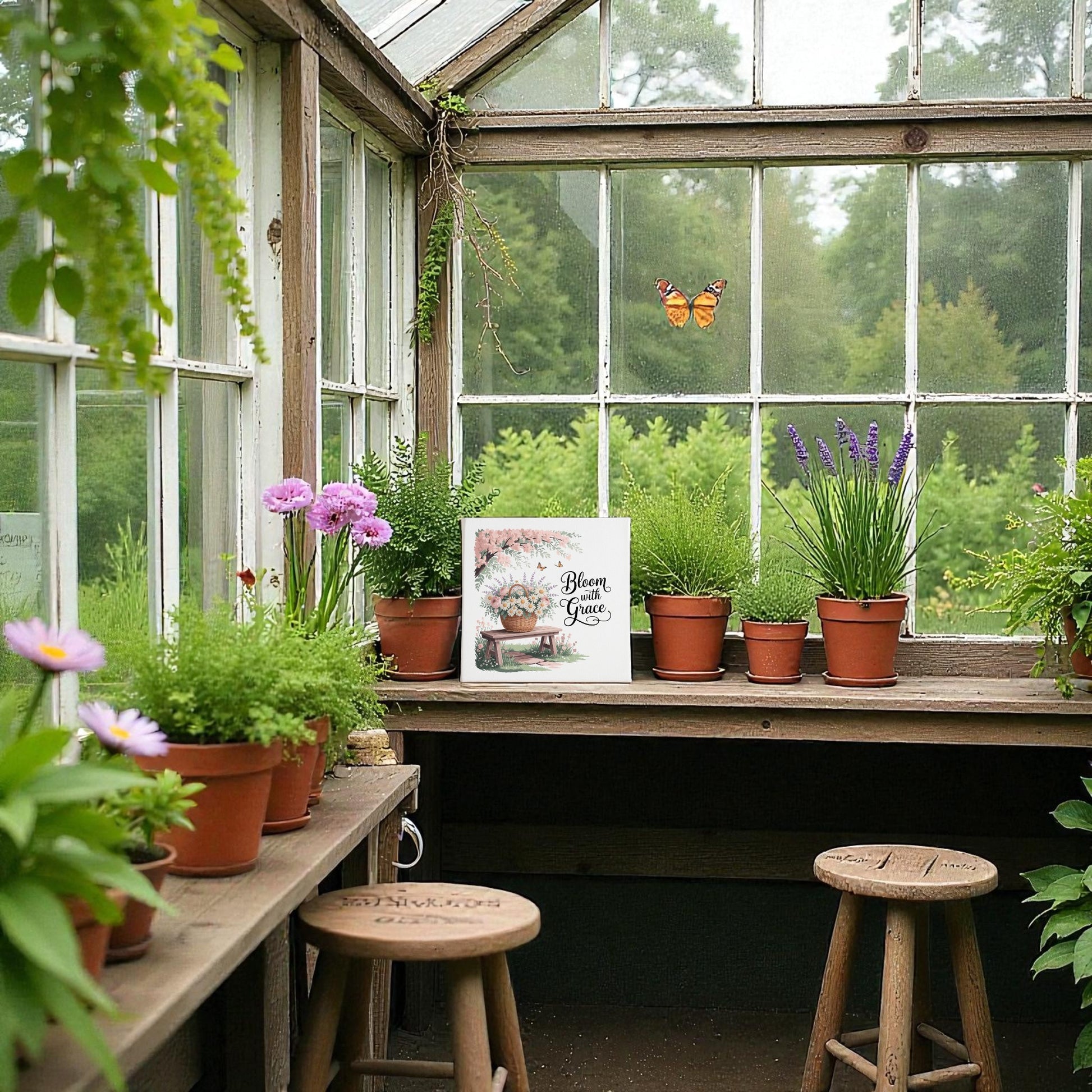 A cozy greenhouse with potted flowers, herbs, and vintage decor features Mirabilia Boutique’s “Bloom with Grace Floral Canvas Wall Art” on the wall. Wooden stools and large windows overlook a lush garden as a butterfly hovers by the glass.