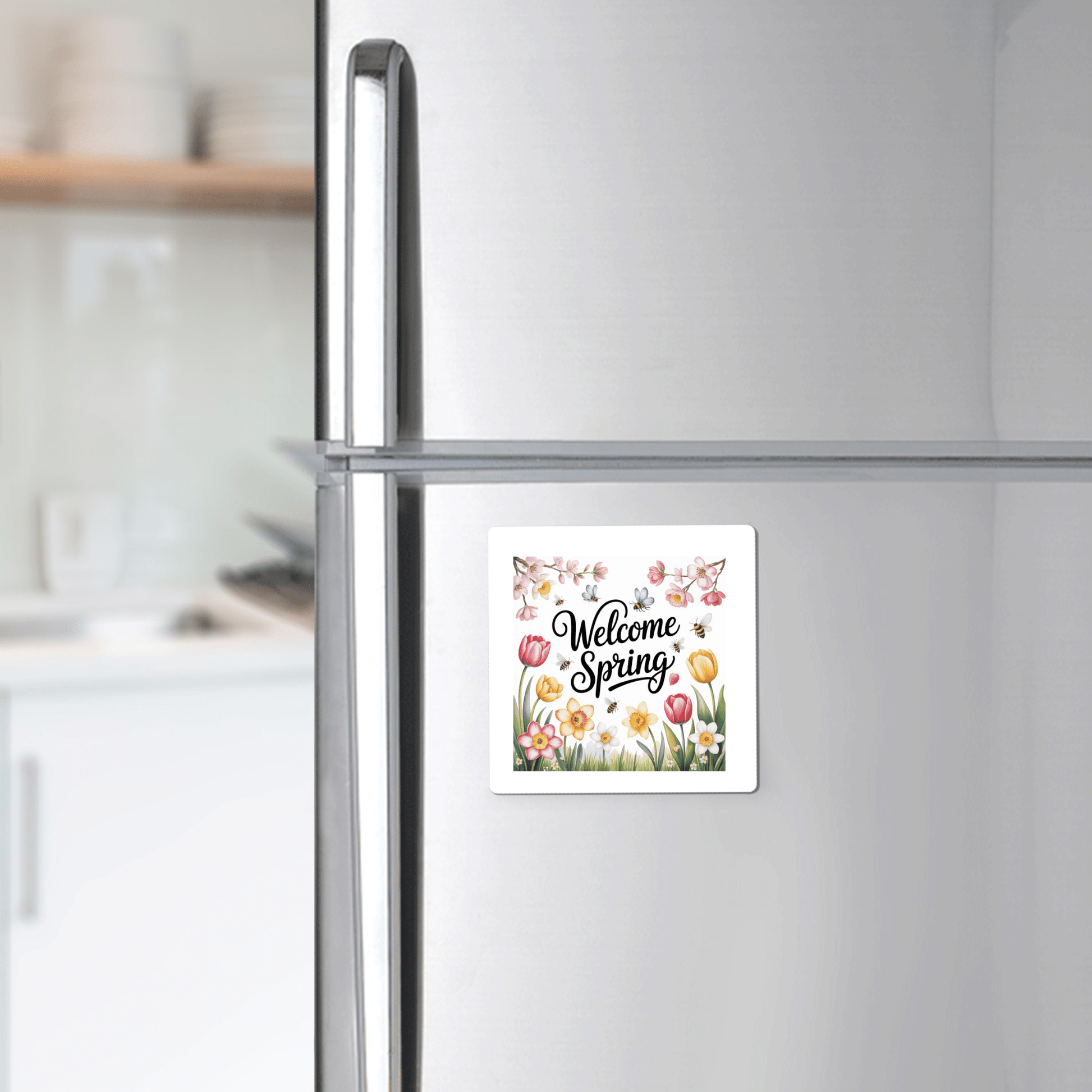A stainless steel fridge displays the Mirabilia Boutique Welcome Spring Magnet – Floral Garden and Bees, featuring flowers and bees. In the background, kitchen shelves with dishes complete the cheerful spring atmosphere.
