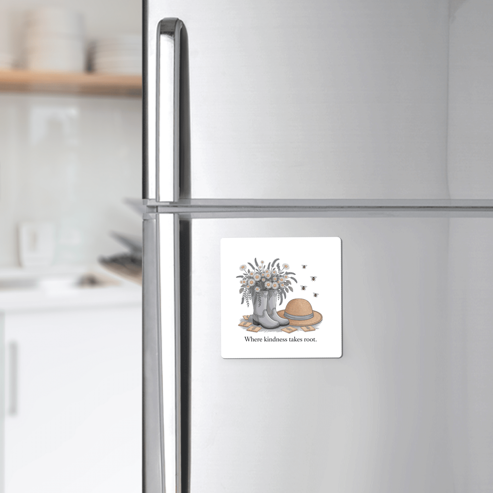 The Mirabilia Boutique Kindness Garden Magnet features floral boots, wildflowers, a straw hat, and bees with the quote "Where kindness takes root." The magnet adds charm to any refrigerator or kitchen decor.