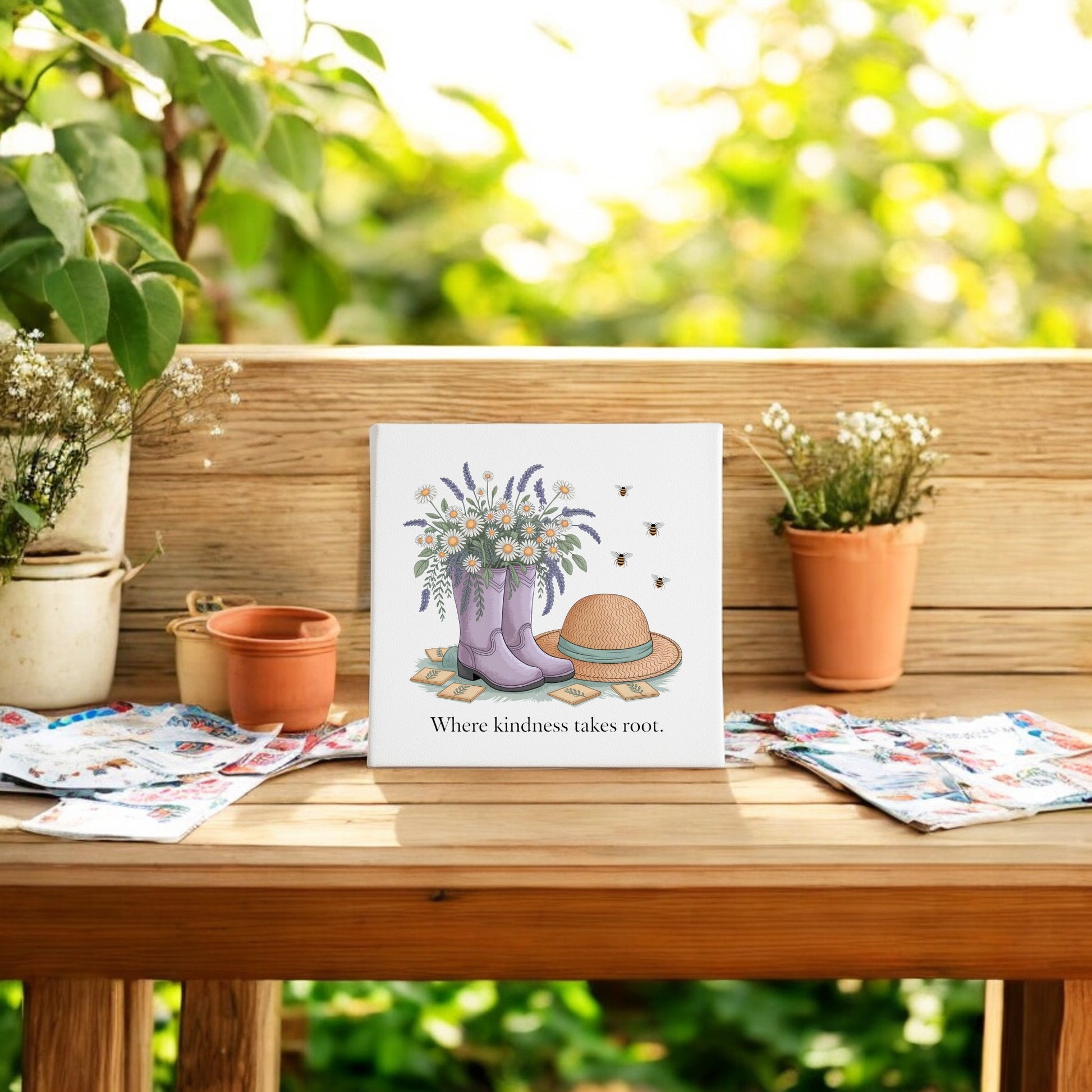 A wooden bench outdoors holds potted plants, seed packets, and the Kindness Takes Root Canvas – Garden-Inspired Wall Art by Mirabilia Boutique. Sunlight and lush greenery create a serene spring backdrop.