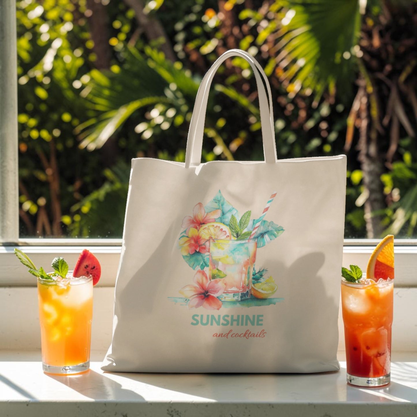 The Mirabilia Boutique "Sunshine and Cocktails" Canvas Tote Bag, adorned with a vibrant tropical drink design and the phrase "Sunshine and cocktails," rests on a windowsill between two colorful fruit cocktails, with lush greenery visible outside.