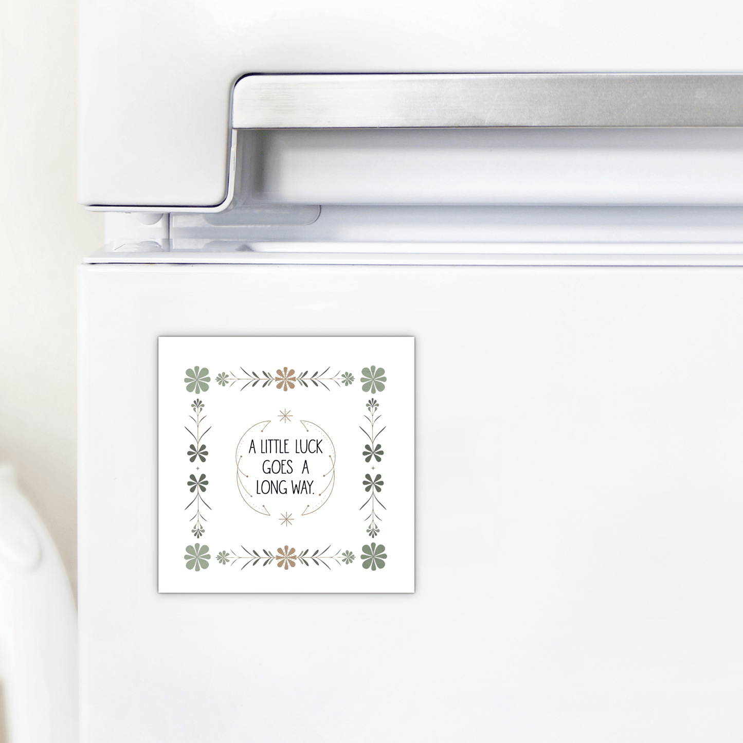 The "A Little Luck Goes a Long Way Magnet" by Mirabilia Boutique displays an inspiring quote in vintage floral style, bringing charm and positivity to any white refrigerator.