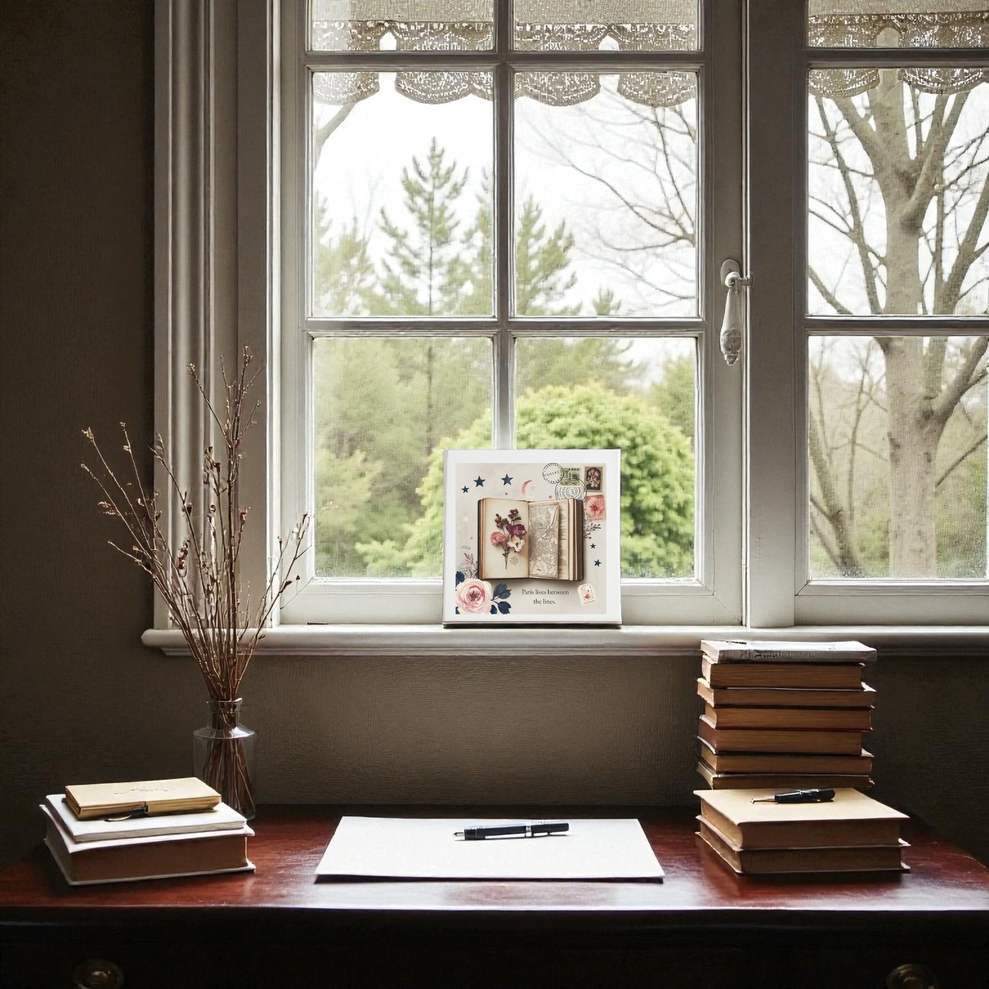 A wooden desk with stacked books, a vase of dried branches, and the "Paris Between the Lines Canvas – Literary Floral 8x8 Art" by Mirabilia Boutique sits by a window overlooking leafless trees, creating a vintage collage vibe. Sheets of paper and pens are on the desk.