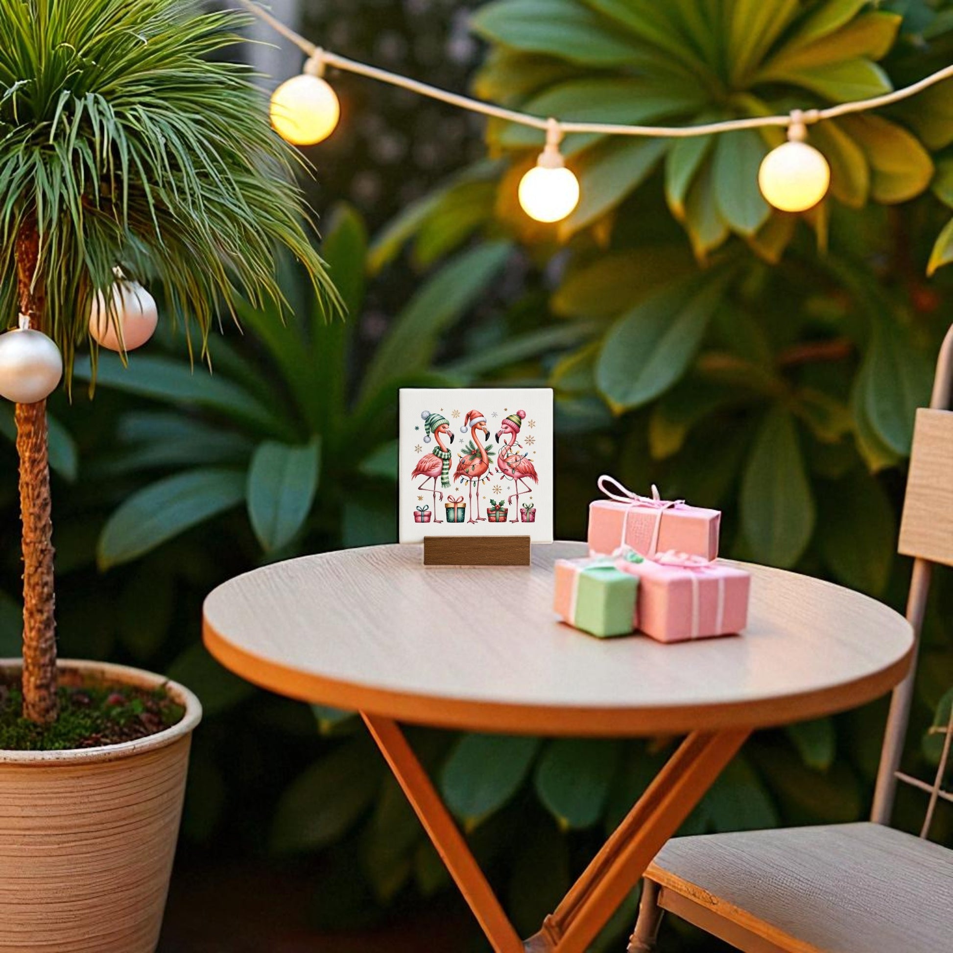 A round outdoor table decorated with the Mirabilia Boutique Coastal Christmas Flamingo Sign, surrounded by lush plants, string lights, and a festive potted palm, creates a beachy holiday vibe with flamingos in Santa hats and wrapped gifts.