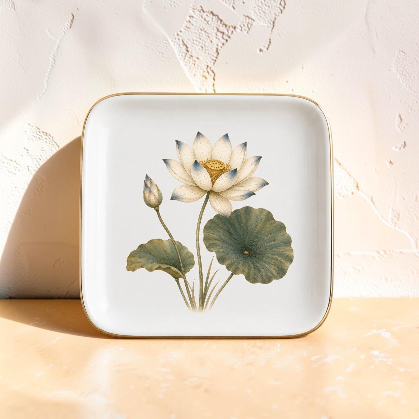 The Flowering Lotus Jewelry Tray | Botanical Catchall by Mirabilia Boutique is a square white ceramic plate with elegant gold trim, adorned with an illustration of a blooming lotus flower, a lotus bud, and two green leaves. Designed as a botanical jewelry tray, it stands upright on a light surface against a textured pale wall.