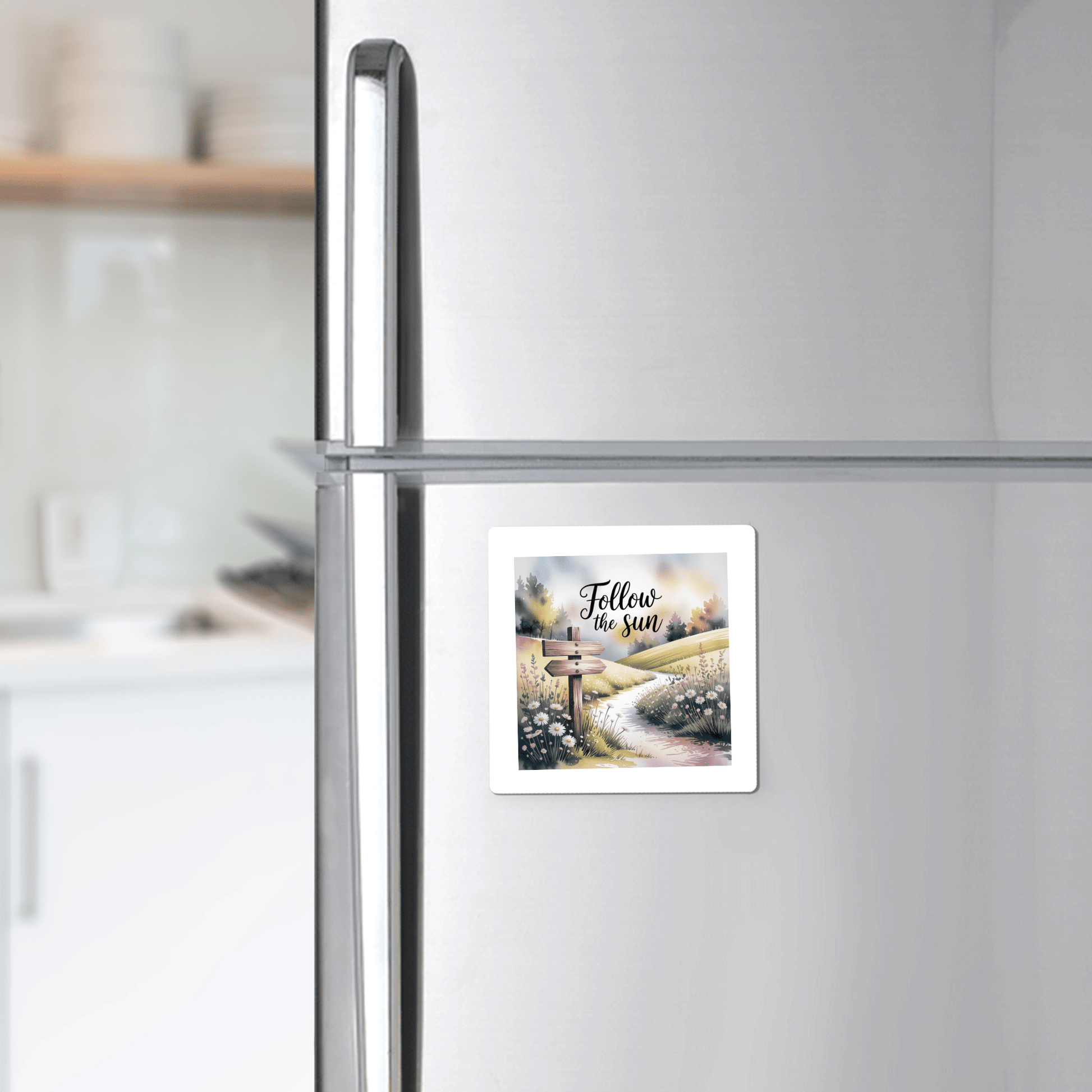 The Follow the Sun Magnet by Mirabilia Boutique decorates your fridge or locker with a scenic floral path and nature quote, adding meadowcore charm. Blurred kitchen shelves and dishes can be seen in the background.
