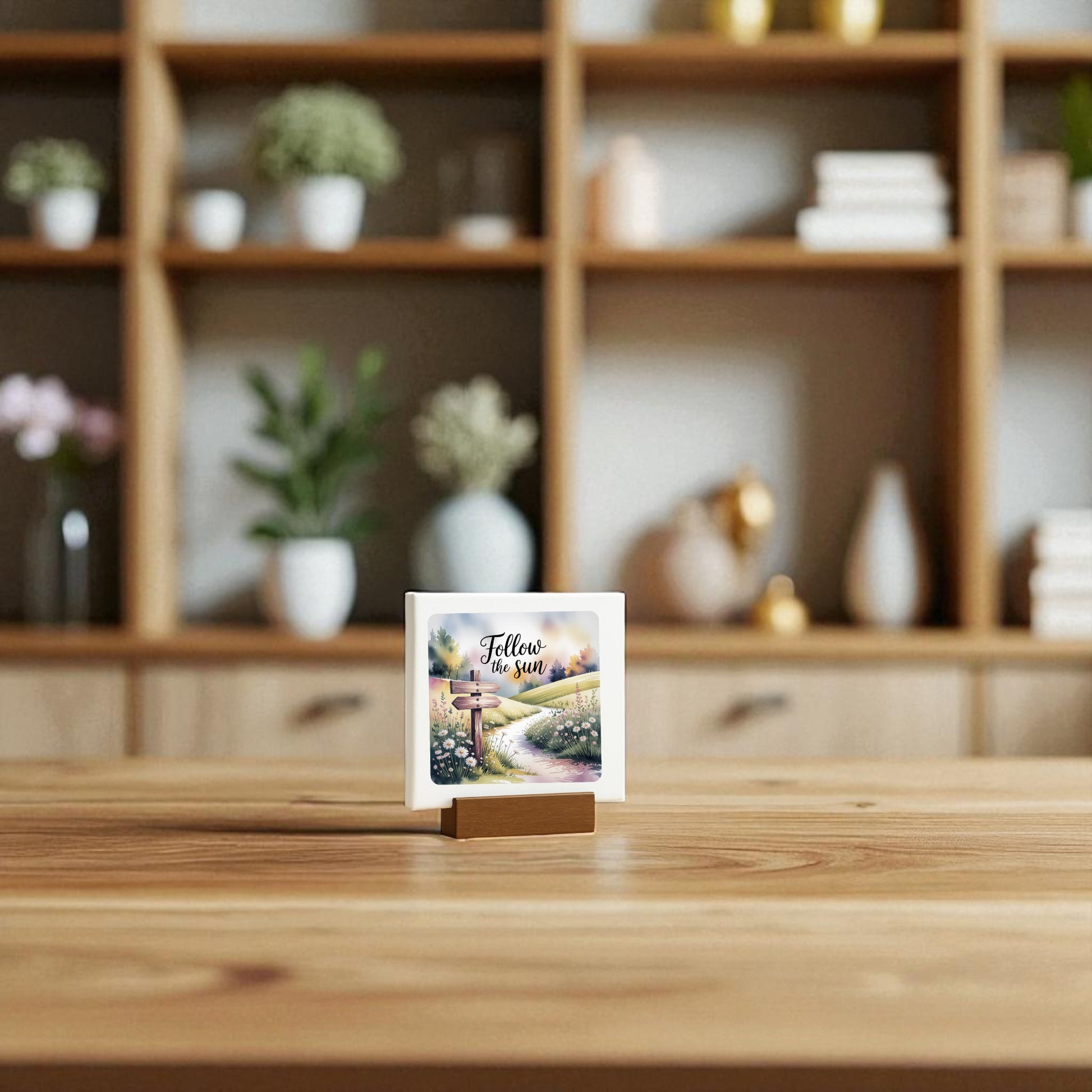 The Follow the Sun Mini Sign by Mirabilia Boutique sits on a wooden stand, featuring sunflowers and a scenic path. This inspirational nature decor adds a meadowcore vibe to your desk, with blurred plant-filled shelves in the background.