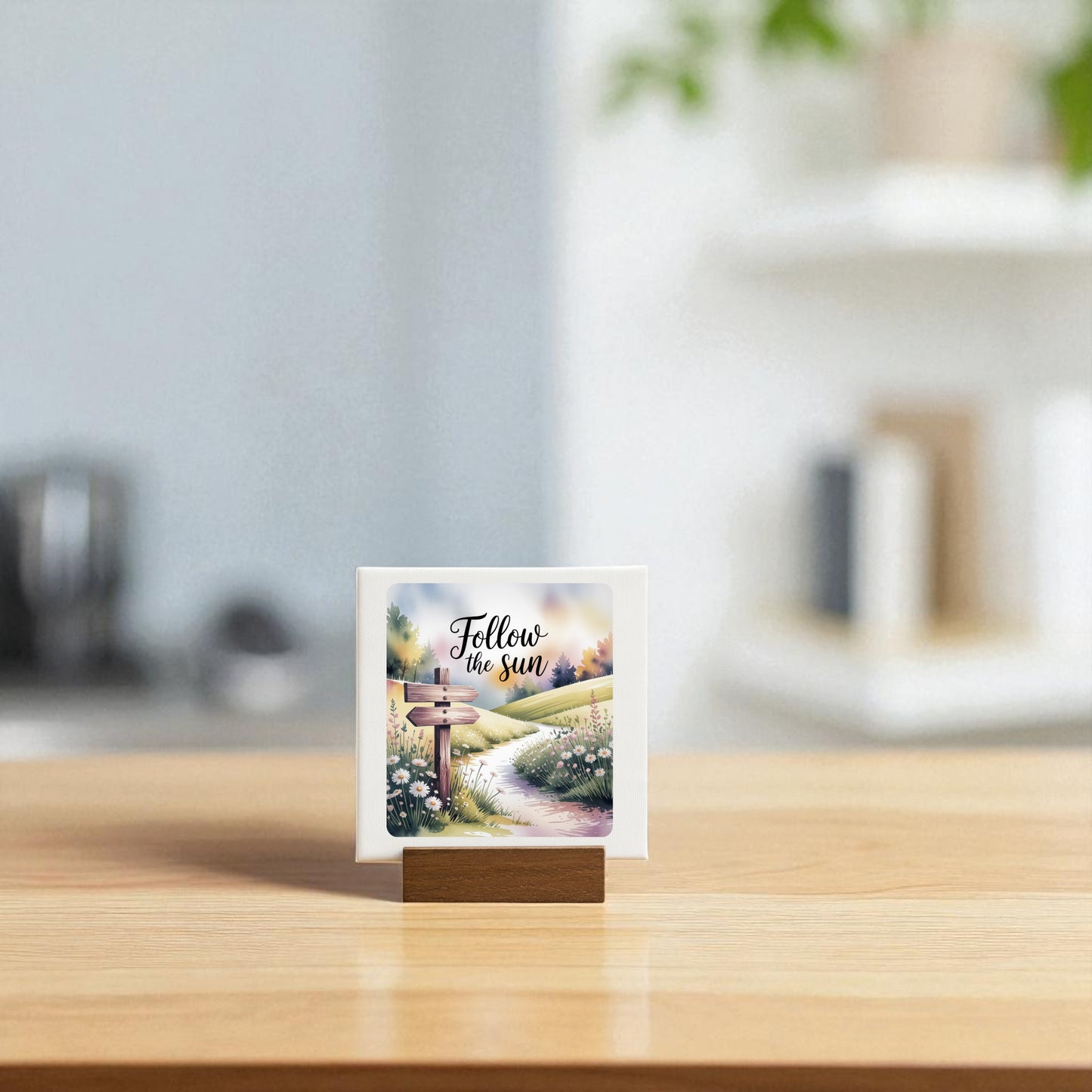 The Mirabilia Boutique "Follow the Sun Mini Sign" features an illustrated path with flowers and hills, plus cursive text—an inspirational meadowcore desk decor piece that brightens any space.