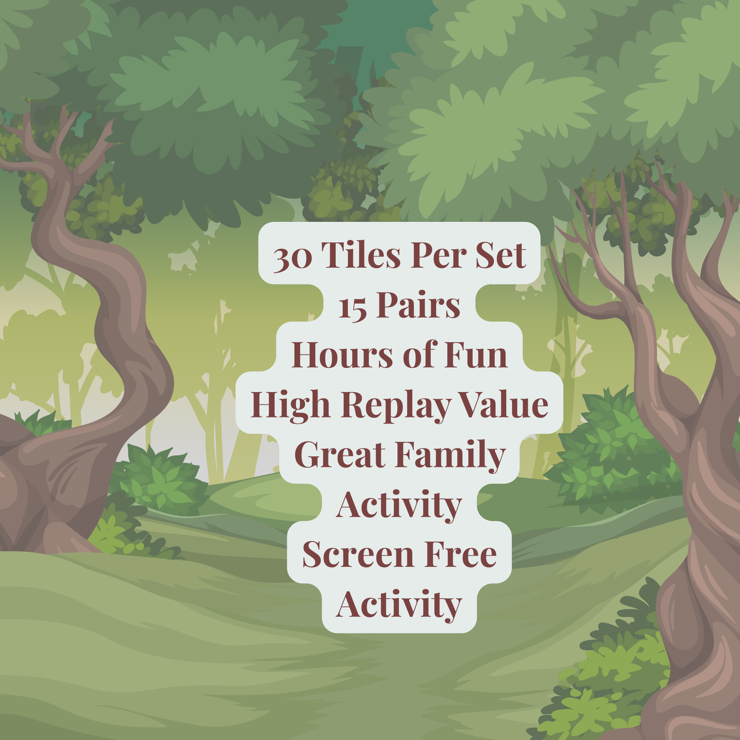 Text in the center of a cartoon forest reads: "Woodland Animal Match Game by Mirabilia Boutique—30 tiles, 15 pairs. Enjoy hours of fun with this kids memory game, perfect for screen-free preschool activities and family play!.