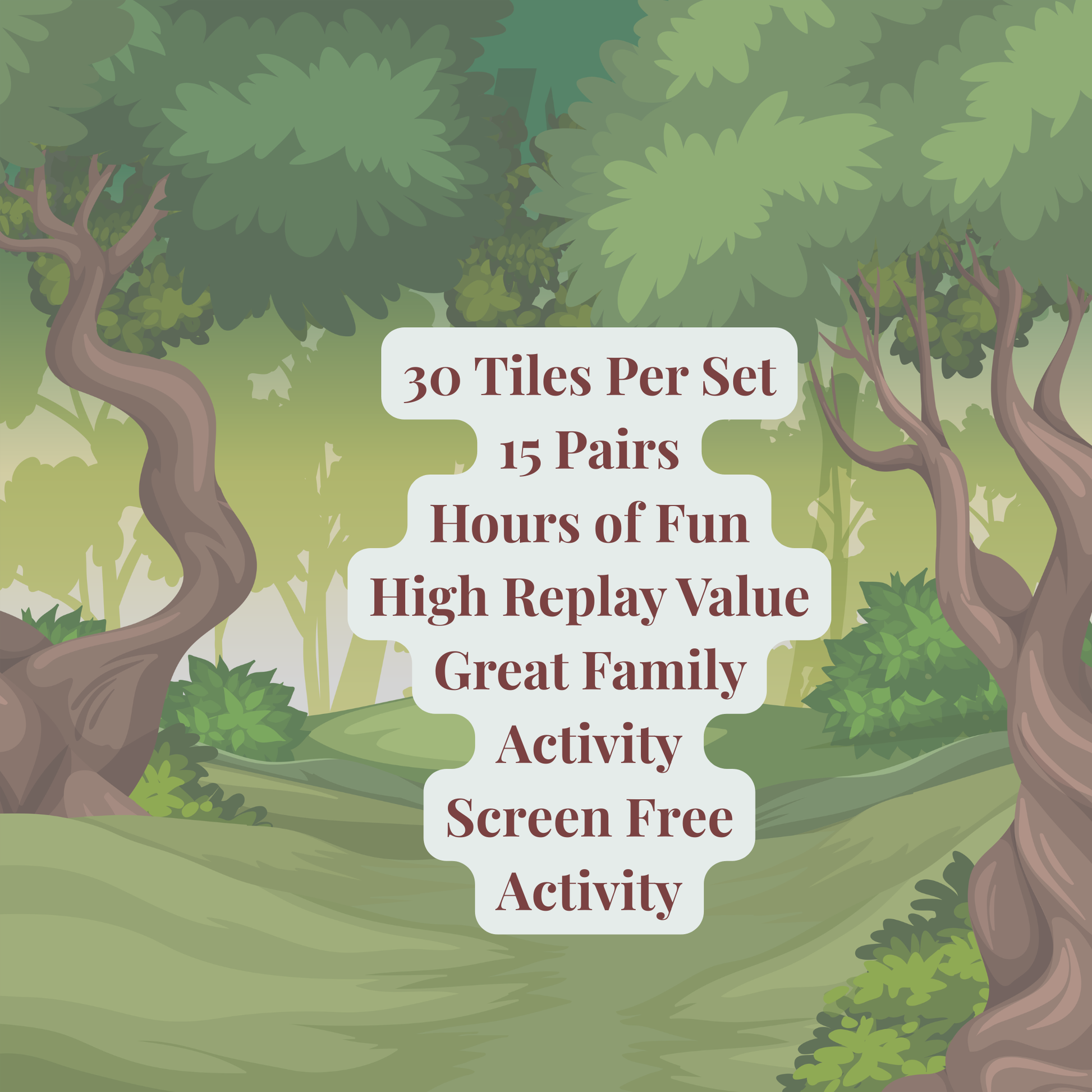 Text in the center of a cartoon forest reads: "Woodland Animal Match Game by Mirabilia Boutique—30 tiles, 15 pairs. Enjoy hours of fun with this kids memory game, perfect for screen-free preschool activities and family play!.