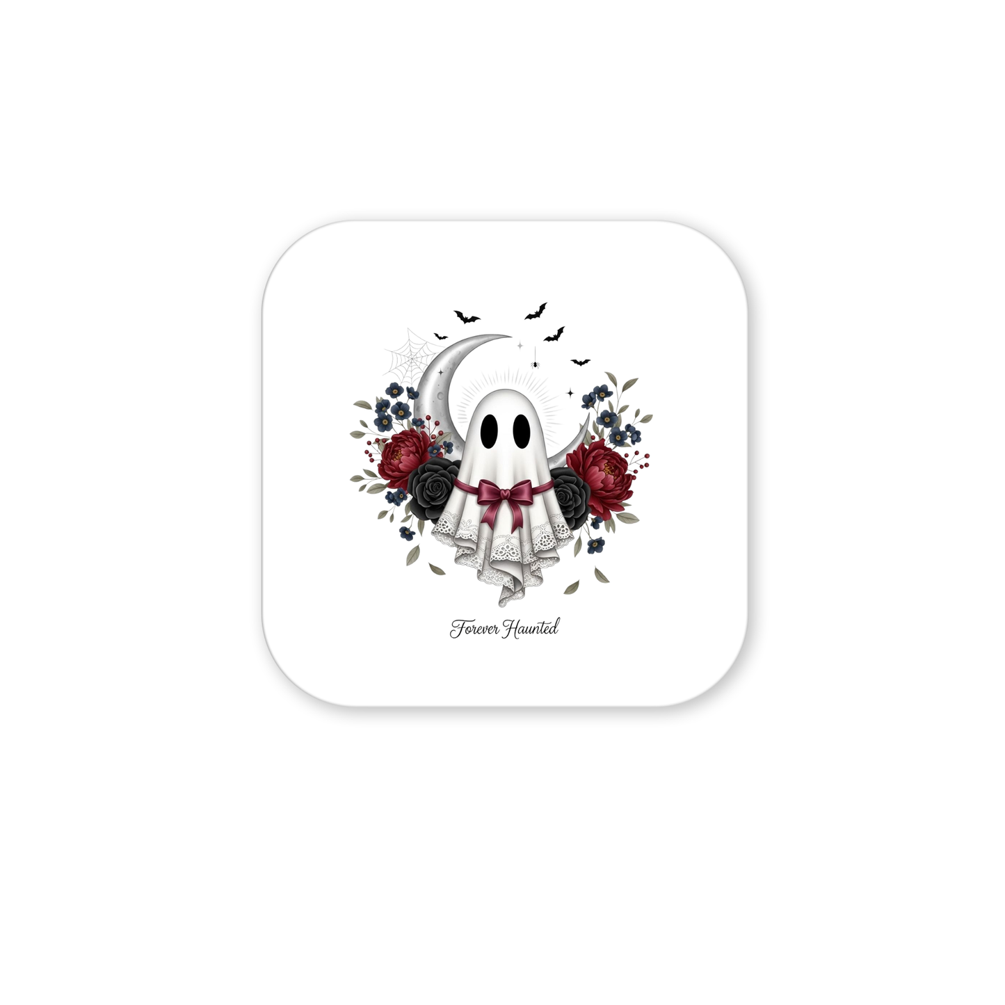 Add a touch of gothic Halloween flair to your décor with the Forever Haunted Ghost Magnet from Mirabilia Boutique. This whimsical magnet features a cartoon ghost adorned with a bow tie, clutching scrolls and surrounded by vivid red and black roses, leafy accents, and fluttering bats. A spider web decorates the background, while the phrase "Forever Haunted" appears below, making this magnet a spooky-chic addition to your refrigerator or any magnetic surface.