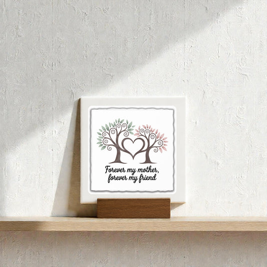 The Mirabilia Boutique Forever My Mother Mini Sign is a handcrafted wooden stand featuring a tree with heart-shaped branches and the words “Forever my mother, forever my friend”—a heartfelt Mother’s Day keepsake.