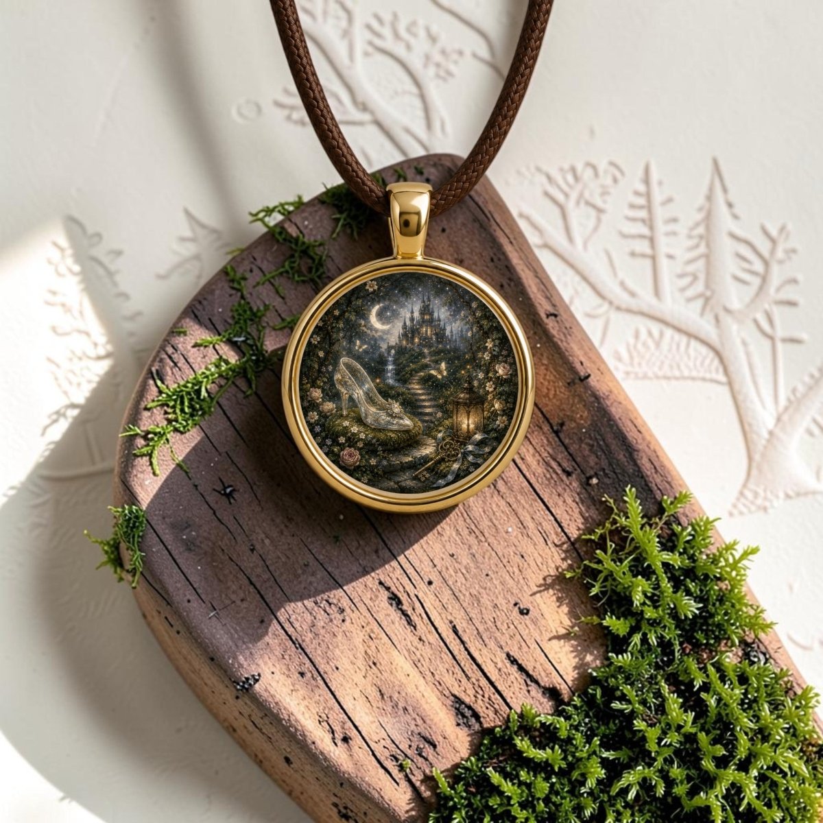 The Forgotten Slipper | Story Pendant Necklace by Mirabilia Boutique features a gold woodland design adorned with an illustration of a glass slipper and a crescent moon. Displayed on a rustic wooden board with moss, the pendant rests against a white textured background decorated with tree motifs.