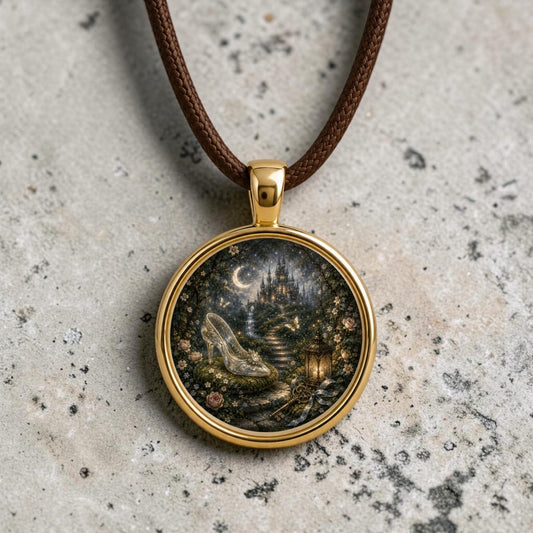 The Forgotten Slipper | Story Pendant Necklace by Mirabilia Boutique is a gold-rimmed storybook pendant on a brown cord, featuring enchanting artwork of a glass slipper, glowing lantern, roses, and a distant castle under a crescent moon—all set against a textured stone background for a truly magical piece of wearable art.