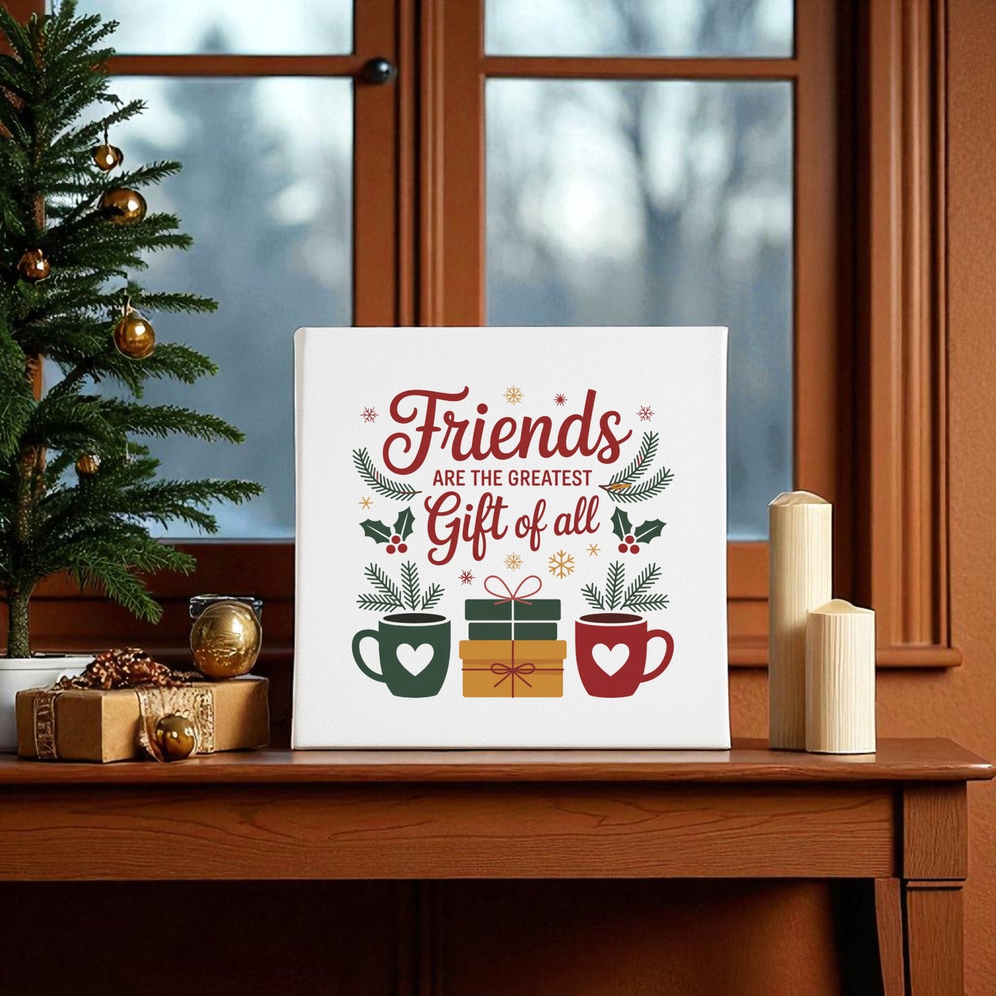 The Friends Gift Canvas by Mirabilia Boutique features festive holiday wall art with a Christmas tree, candles, and a "Friends are the greatest gift of all" sign—perfect 8x8 decor or a thoughtful Christmas gift for friends.