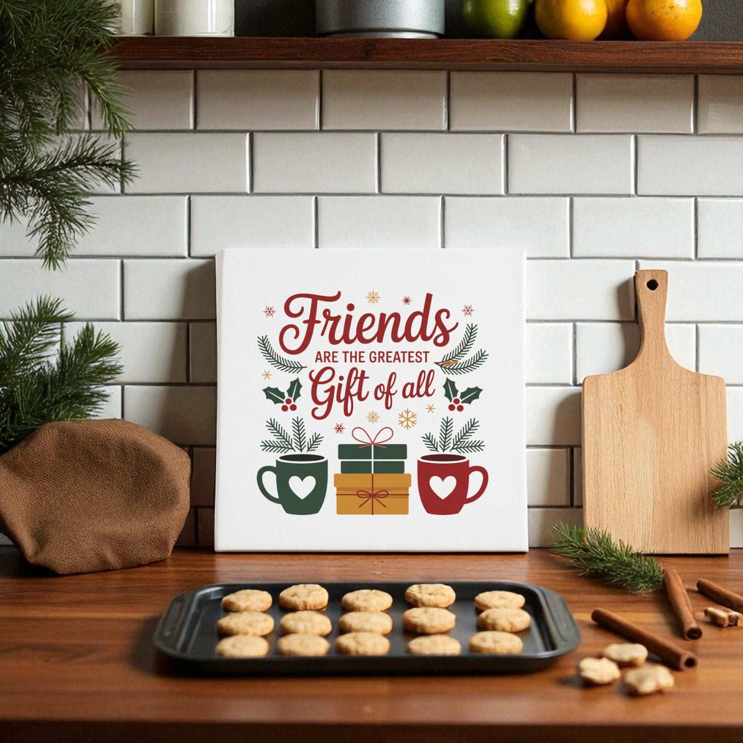 A cozy kitchen scene with the Mirabilia Boutique 8x8 Friends Gift Canvas holiday wall art, cookies, mugs, a festive present for friends, and decorations—all set against a white tile backsplash.