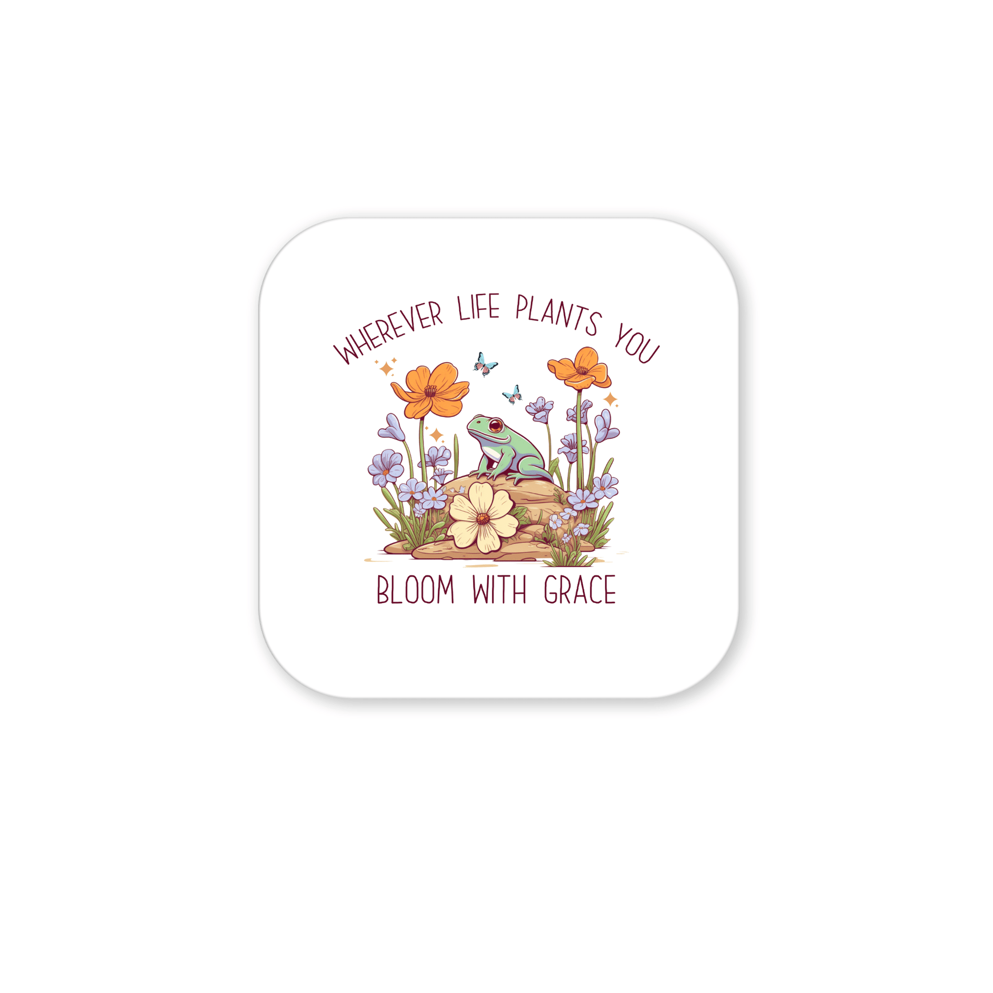 The Frog Magnet by Mirabilia Boutique features a cute frog on a rock with vibrant flowers and butterflies, plus the message: "Wherever life plants you, bloom with grace." Ideal as inspirational decor or a thoughtful gift.