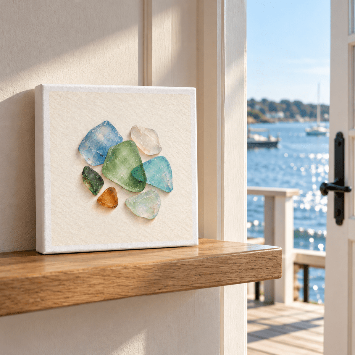 A square Colors the Tide Leaves Canvas by Mirabilia Boutique sits on a wooden shelf in front of an open doorway overlooking the ocean.