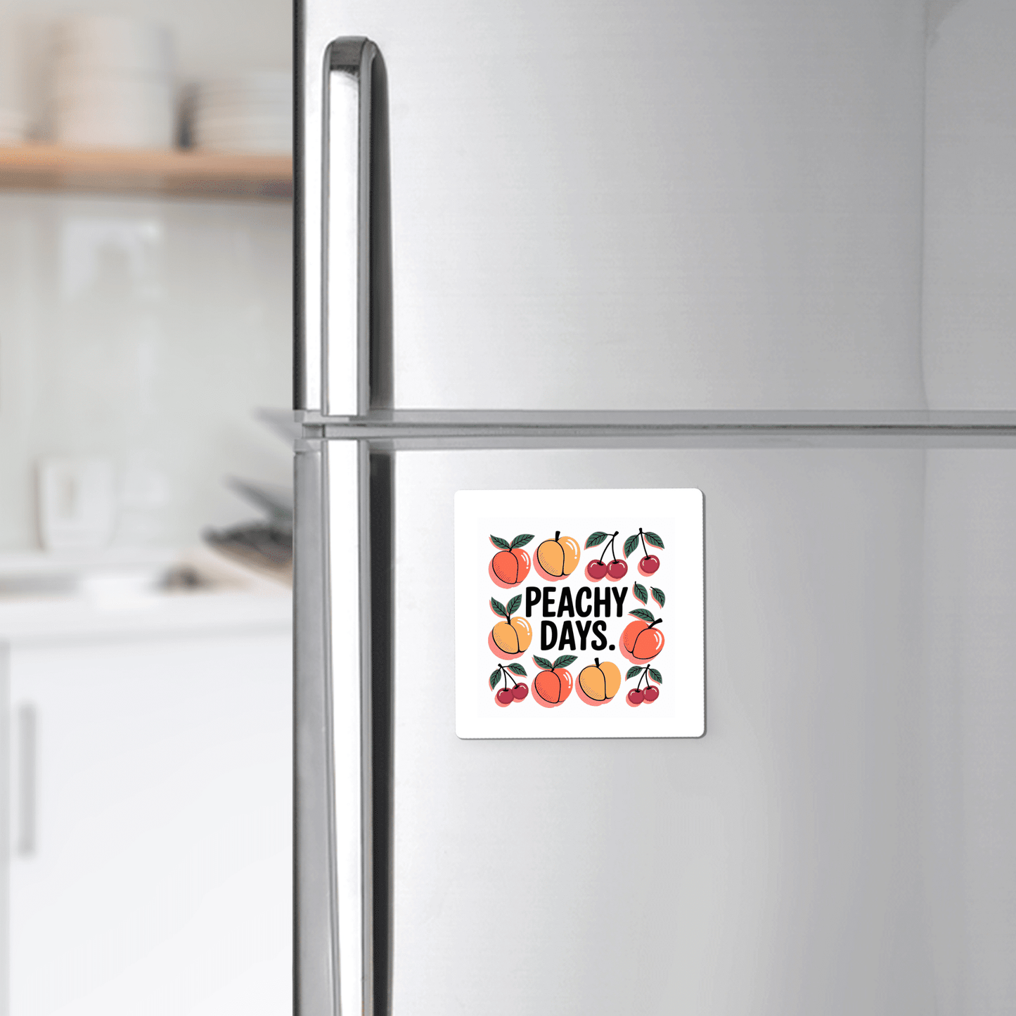A Mirabilia Boutique Peachy Days Magnet, featuring peach and cherry illustrations with “PEACHY DAYS” text, adds cheerful decor to a silver refrigerator. Blurred kitchen shelves and dishes appear in the background.