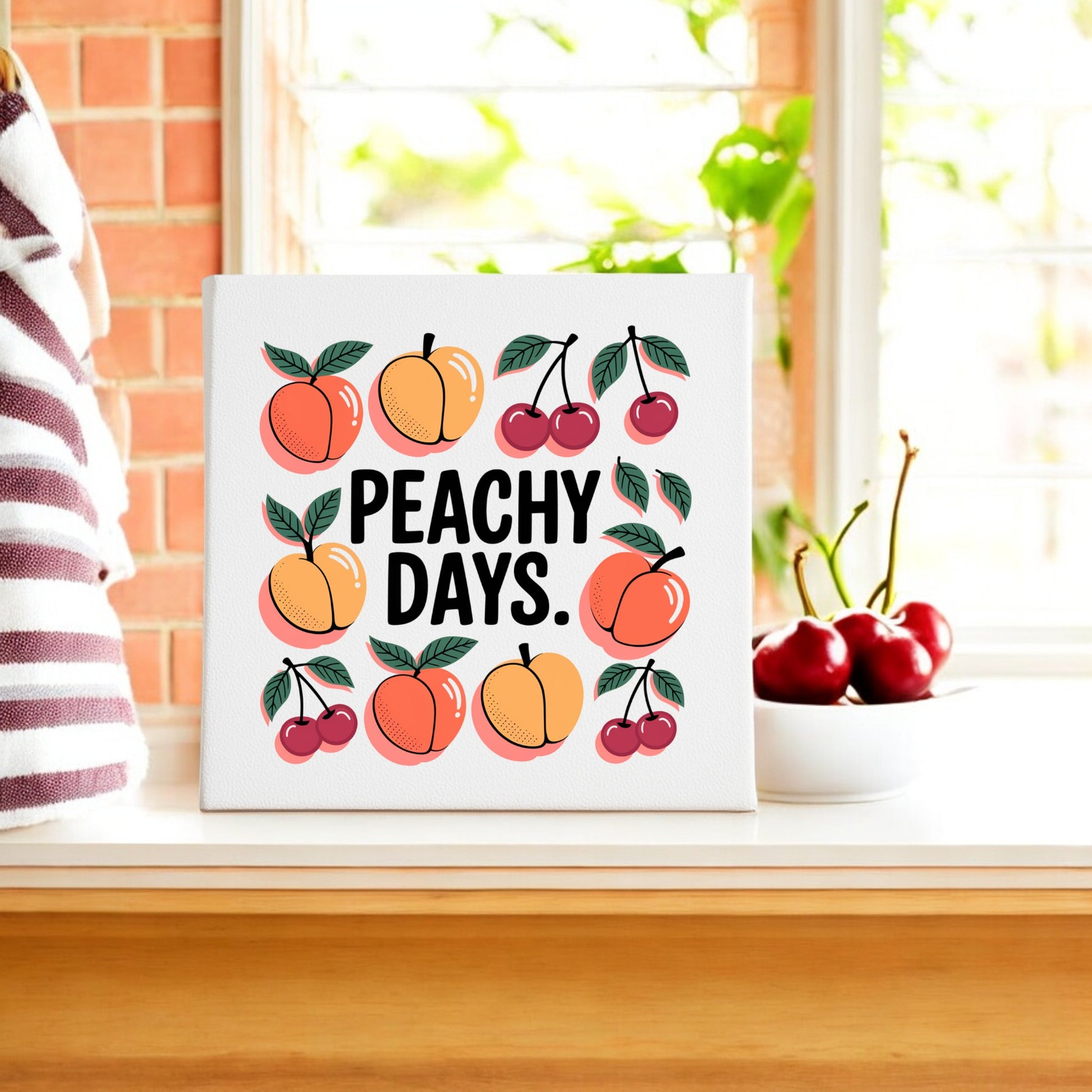 The Peachy Days Canvas by Mirabilia Boutique features cheerful illustrations of peaches and cherries, perfect as vibrant summer wall art to brighten your home.