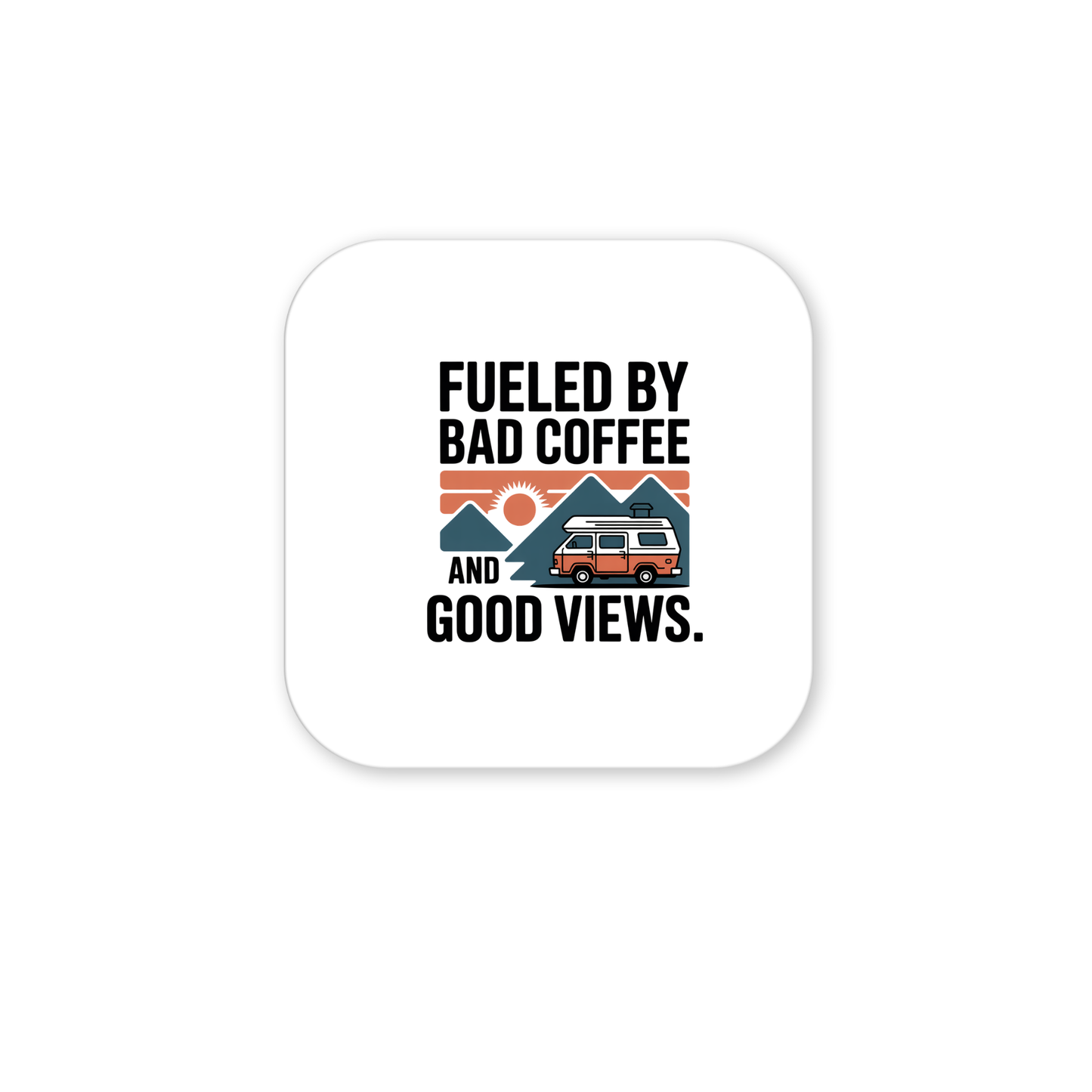 The Mirabilia Boutique "Fueled by Bad Coffee and Good Views Magnet" features a retro van, pine trees, mountains, and sunrise design—perfect as a camping souvenir or adventure travel gift for outdoor lovers.