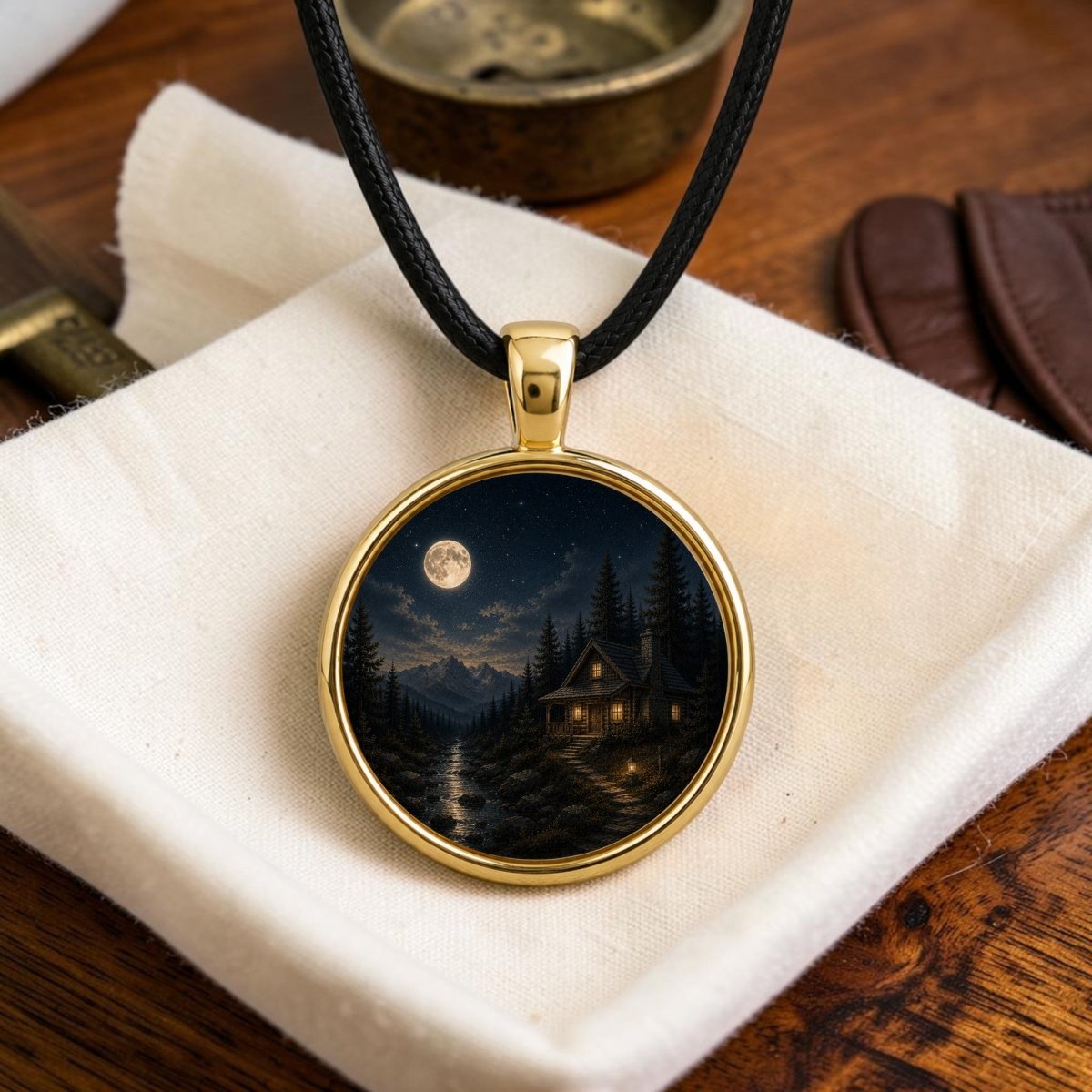 Introducing the Moonlit Haven | Story Pendant Necklace from Mirabilia Boutique—a gold-rimmed pendant on a black cord, beautifully illustrated with a woodland cabin scene. Presented on a white cloth in a wooden box and accompanied by elegant leather and brass accents, this necklace is truly a piece of wearable art.