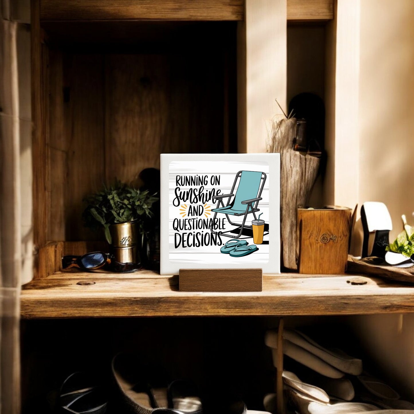 The Running on Sunshine Mini Canvas – 4x4 Funny Summer Sign from Mirabilia Boutique features a playful quote with a beach chair, flip-flops, and sunglasses—ideal for whimsical poolside or beach house decor.