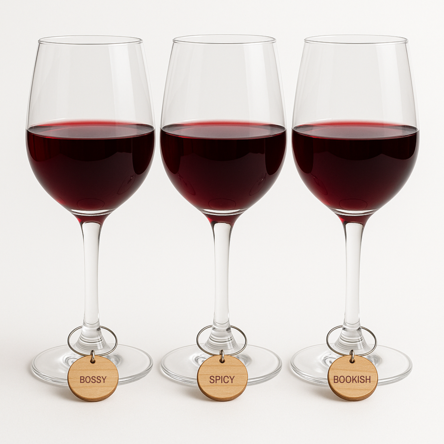 Three wine glasses filled with red wine are each labeled with a wooden charm from the Mirabilia Boutique Bridal Party Personality Wine Charms set—“BOSSY,” “SPICY,” and “BOOKISH.” Displayed side by side on a white background, these unique charms make perfect bridal party gifts or add a fun touch as part of the Bridal Party Personality Wine Charms | Set of 8.