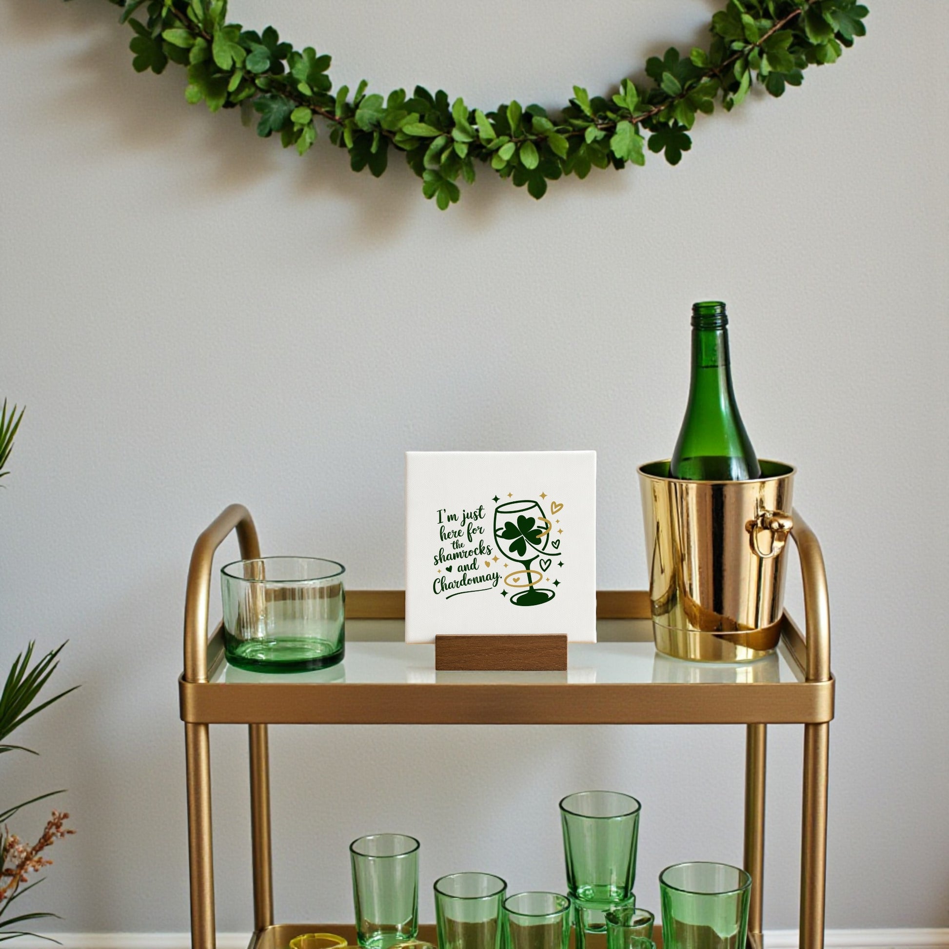 The Mirabilia Boutique Shamrocks and Chardonnay Canvas Sign – 4x4 adds festive St. Patrick's Day charm, perfect for wine lovers or holiday gatherings with its shamrock design and stylish appeal.