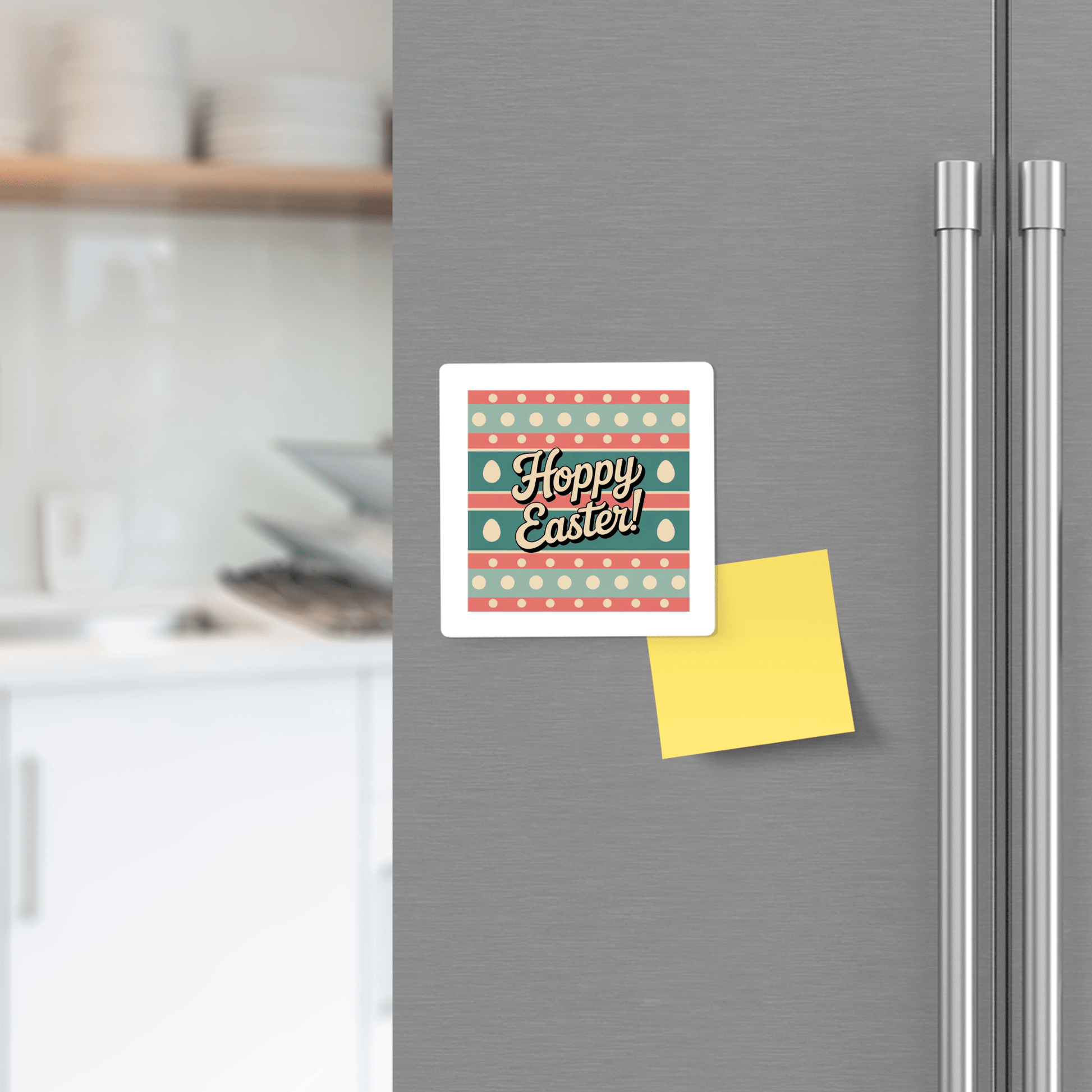 A refrigerator door features the Mirabilia Boutique Hoppy Easter Magnet – Retro Spring Egg Design and a blank yellow sticky note—adding cheerful Easter décor. Dishes and jars can be seen on the kitchen counter in the background.