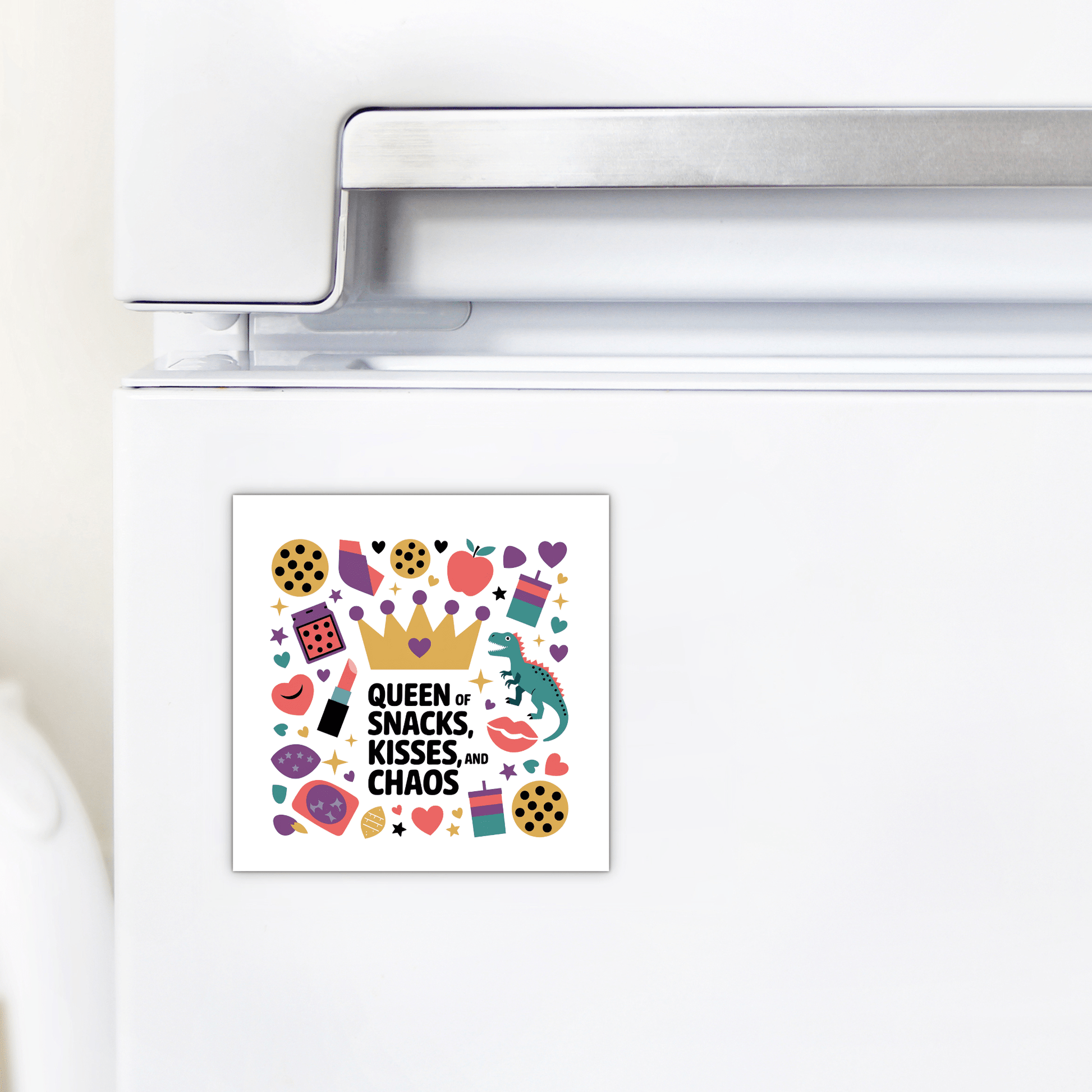 A refrigerator with the Mirabilia Boutique "Queen of Snacks Magnet – Funny Colorful Mom Life Gift," featuring playful icons like cookies, hearts, a crown, a dinosaur, and more—perfect for moms who rule snack time and chaos!.