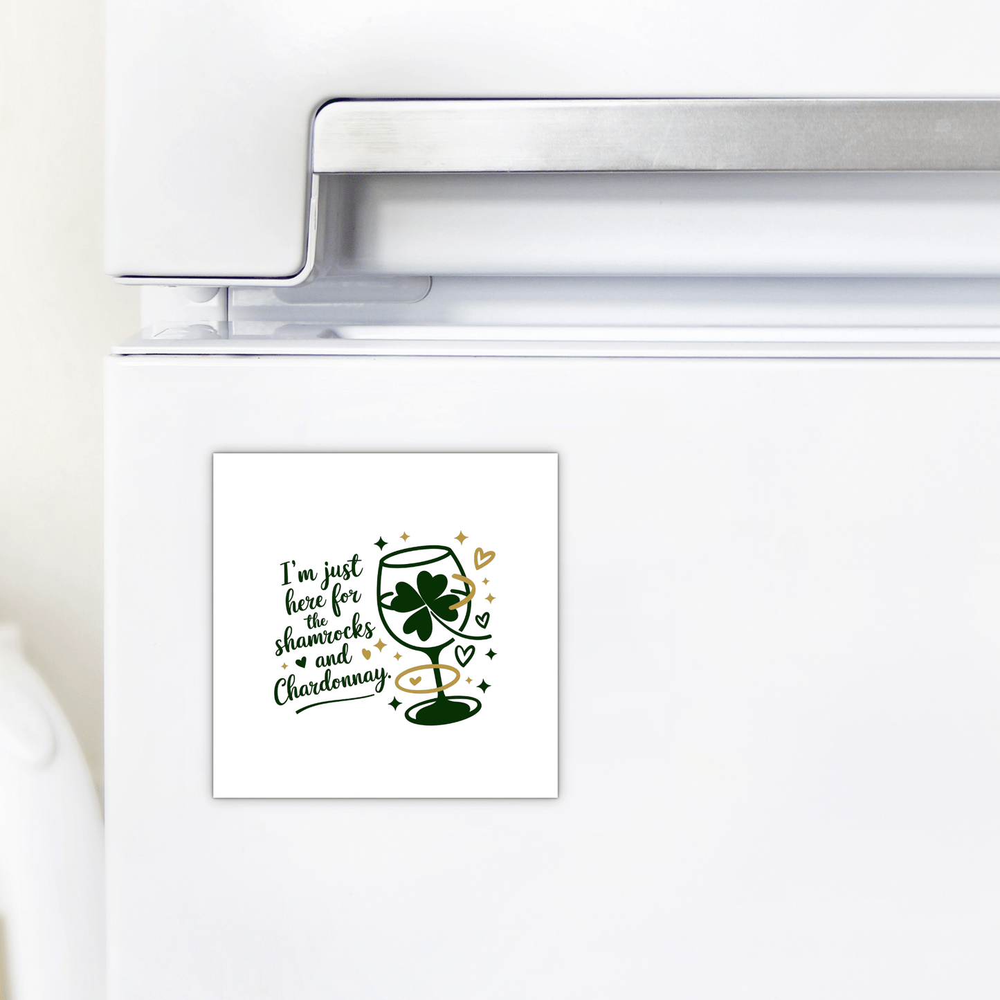 The Mirabilia Boutique Shamrocks and Chardonnay Magnet features a wine glass with a shamrock, the phrase “I’m just here for the shamrocks and Chardonnay,” plus gold and green hearts—perfect for St. Patrick’s Day parties or wine lovers.