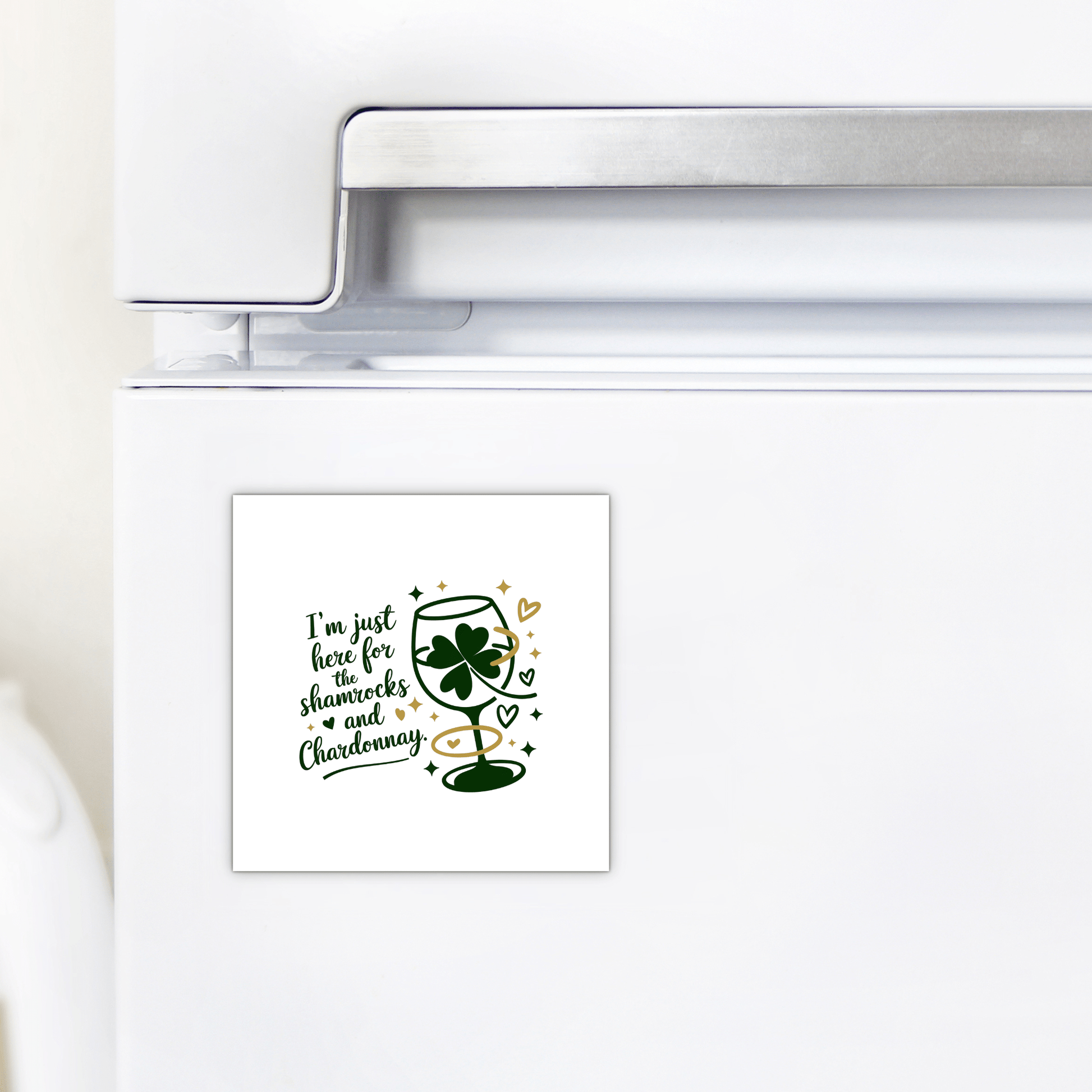 The Mirabilia Boutique Shamrocks and Chardonnay Magnet features a wine glass with a shamrock, the phrase “I’m just here for the shamrocks and Chardonnay,” plus gold and green hearts—perfect for St. Patrick’s Day parties or wine lovers.