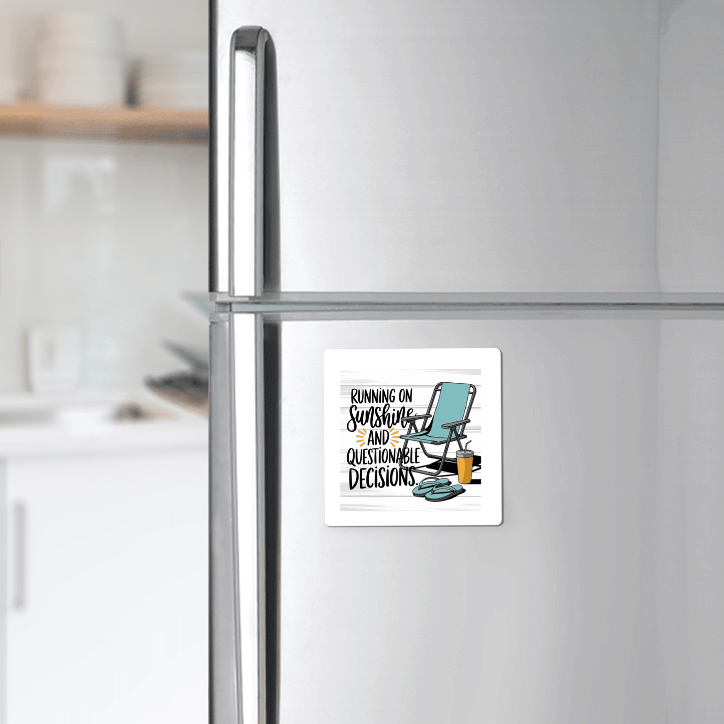 The Mirabilia Boutique Running on Sunshine Magnet – Funny Summer Fridge Decor features a playful beach chair, flip-flops, sunglasses, and a drink. It reads "Running on sunshine and questionable decisions" – perfect for fun-loving kitchens!.