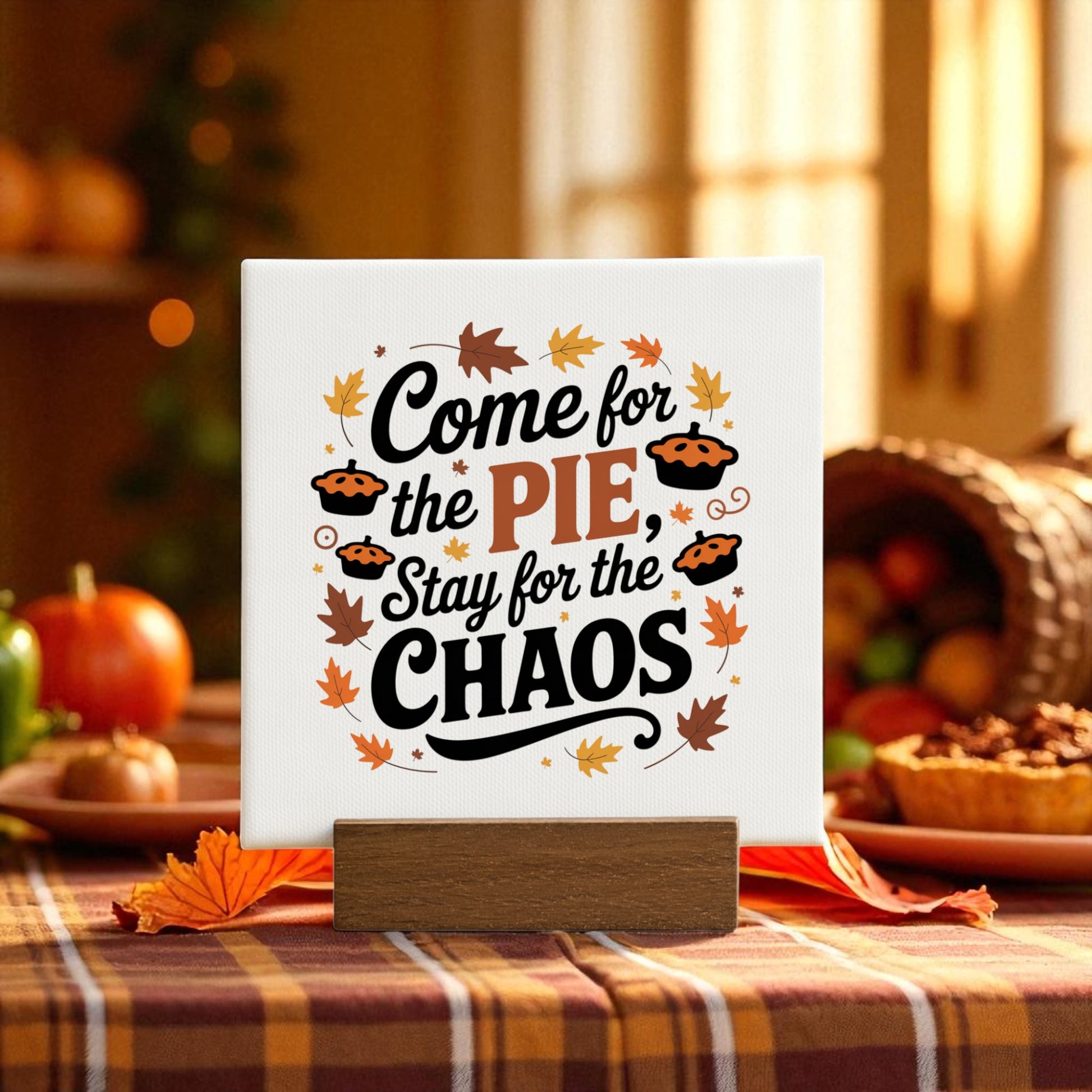 The Pie & Chaos Funny Fall Decor Mini Thanksgiving Sign by Mirabilia Boutique features pie and leaf art with "Come for the pie, stay for the chaos." Perfect as festive fall or Thanksgiving table decor, or a thoughtful seasonal gift.