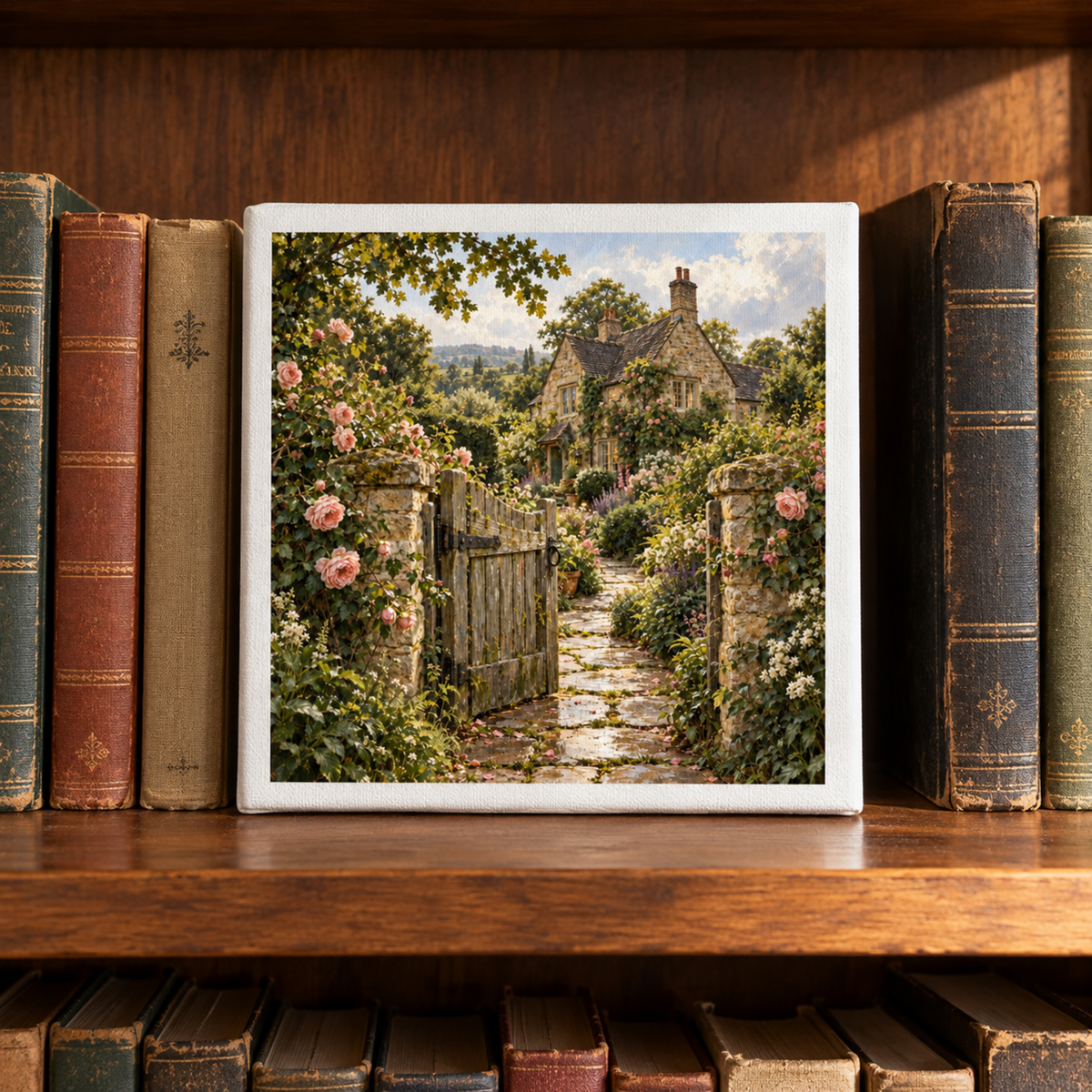 Beyond the Garden Gate Canvas square print of a stone English cottage behind an open garden gate, displayed on a wooden bookshelf between antique books adorned with climbing roses.