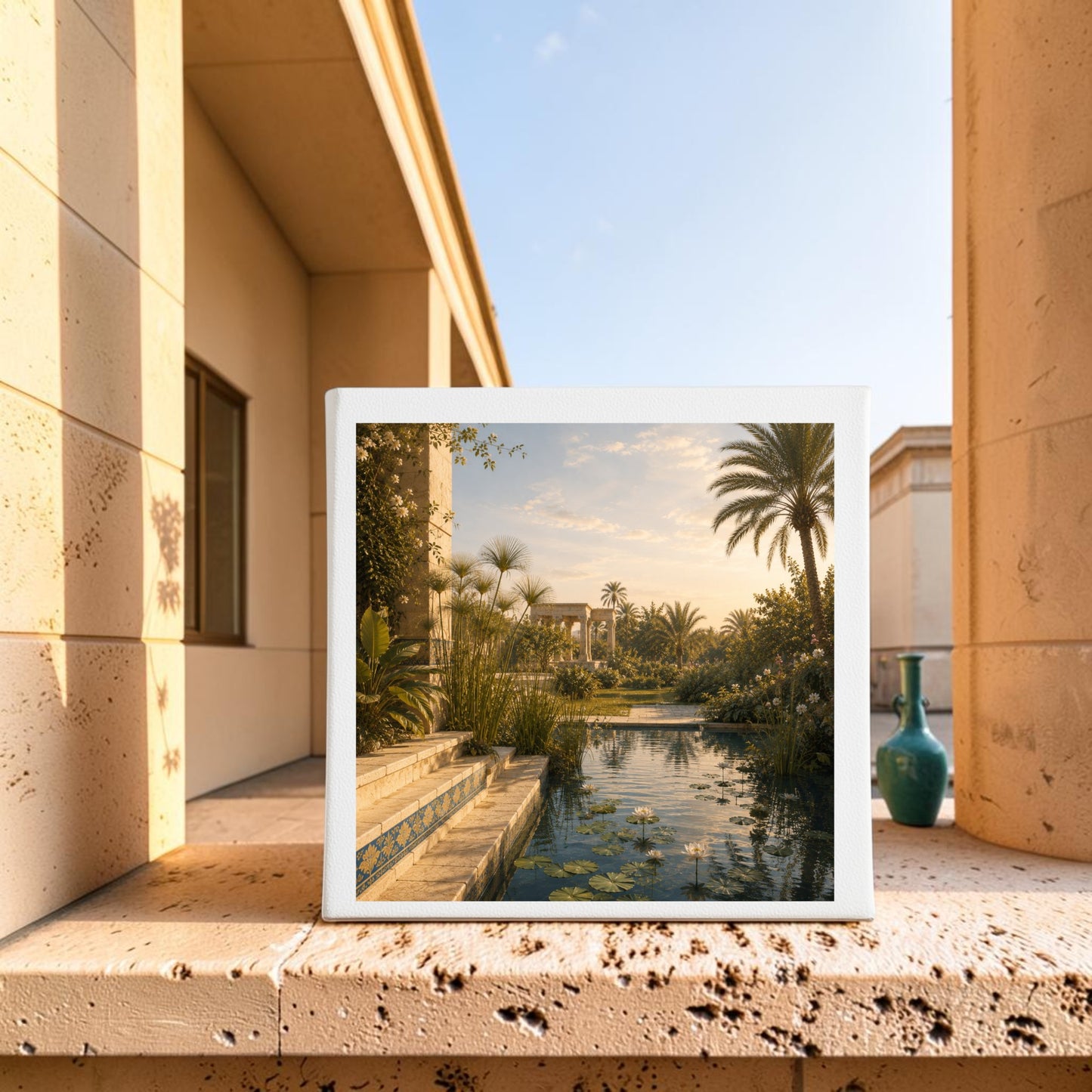 A framed print of “Garden of Still Waters | Egyptian Canvas Wall Art” by Mirabilia Boutique rests on a stone ledge against a beige building, featuring a lush tropical garden with a serene pond; evoking ancient Egyptian artistry, a green vase stands nearby while similar sunlit buildings appear in the background beneath a clear sky.