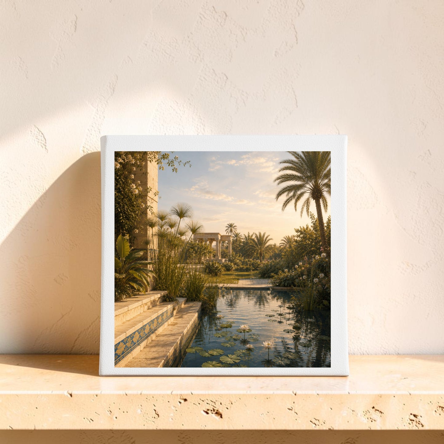 The “Garden of Still Waters | Egyptian Canvas Wall Art” by Mirabilia Boutique, featuring a lush garden with palm trees, water lilies, and a reflecting pool, rests elegantly on a light-colored shelf against a textured beige wall—capturing the tranquil beauty of ancient Egypt.