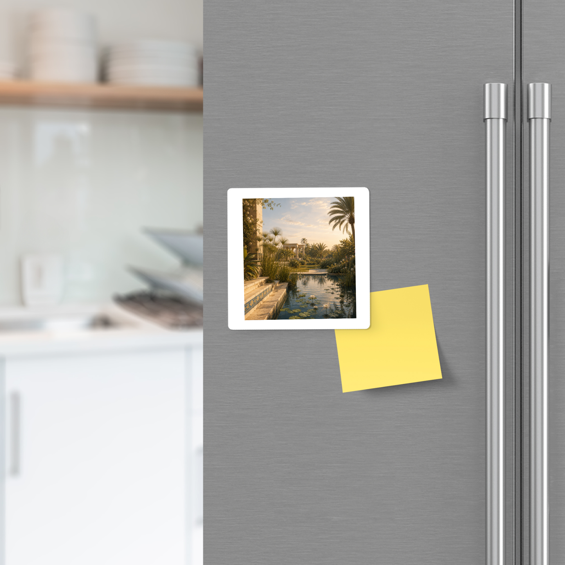 A refrigerator door displays a square photo of a garden and pool alongside a blank yellow sticky note. The scene is enhanced by the “Garden of Still Waters Magnet” from Mirabilia Boutique, which features a lotus and papyrus design inspired by ancient Egyptian decor. In the background, blurred kitchen counters and shelves can be seen.