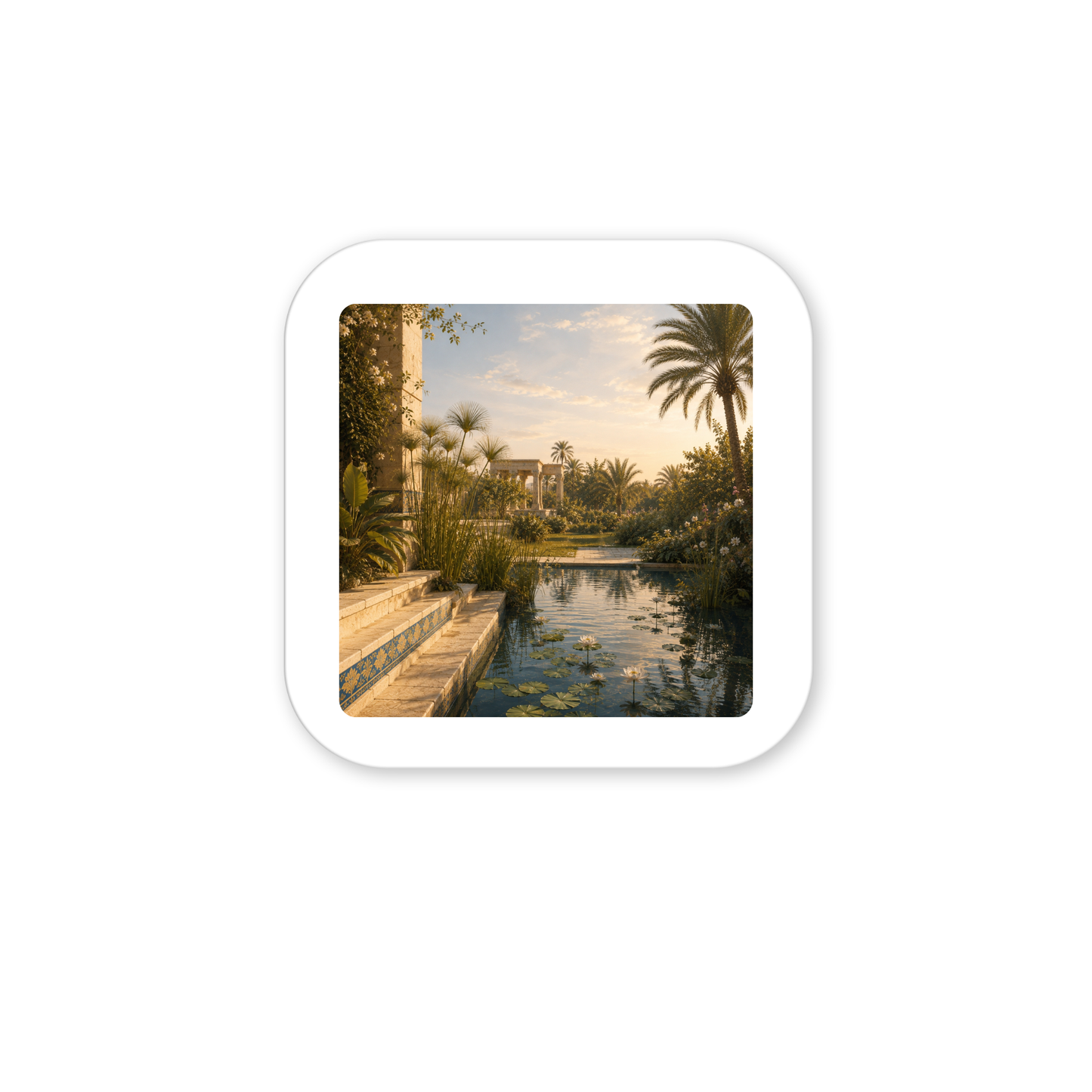 Experience the serene beauty of ancient Egypt with the “Garden of Still Waters Magnet” from Mirabilia Boutique—a tranquil garden scene featuring palm trees, stone steps, a lily pad- and lotus-filled pond, and lush papyrus beneath a golden sky. Perfect for enhancing your space with unique Egyptian decor.