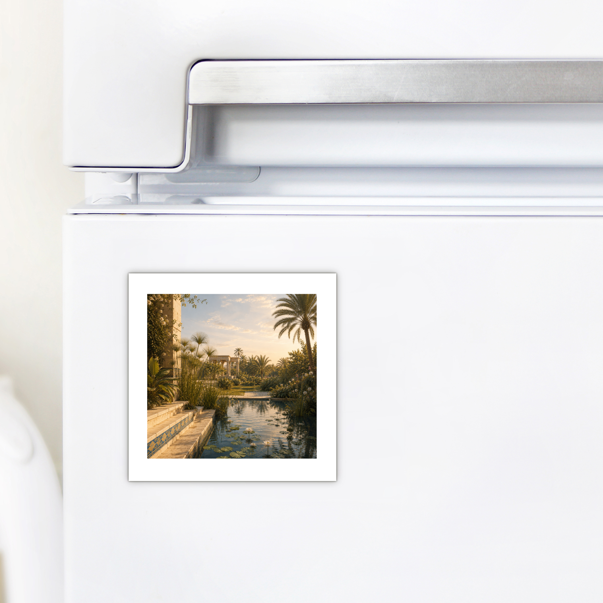 The Garden of Still Waters Magnet by Mirabilia Boutique, featuring a tropical garden scene with palm trees, water, and subtle ancient Egyptian motifs like lotus and papyrus, is shown displayed on a white refrigerator door next to the freezer handle.