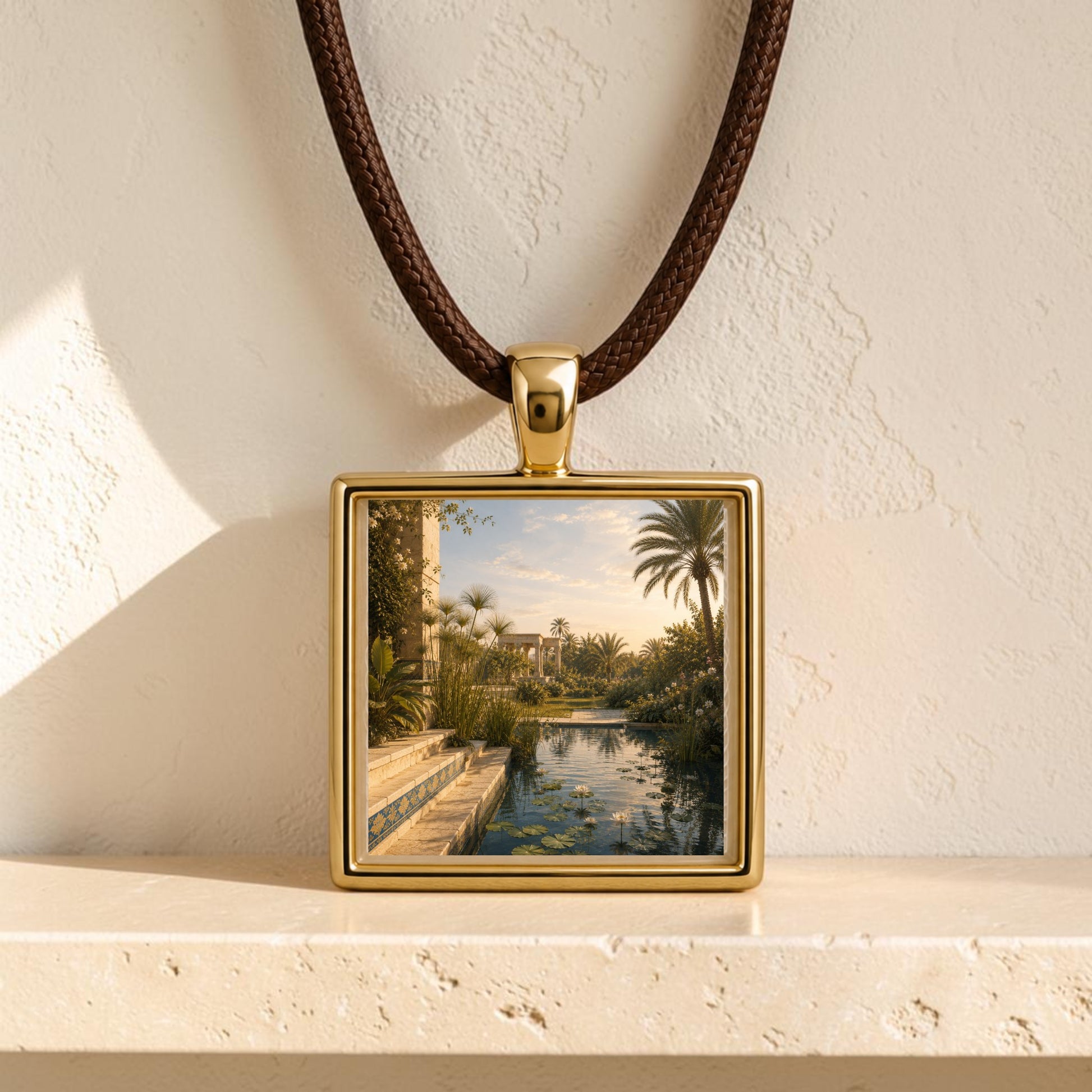 Introducing the Garden of Still Waters | Scene Pendant by Mirabilia Boutique—a gold necklace featuring a square charm adorned with an image of a tropical garden, complete with palm trees and a shimmering waterway. Resting elegantly against a textured beige background, this exquisite piece is wearable miniature art that beautifully channels the sophistication of Egyptian-inspired jewelry.