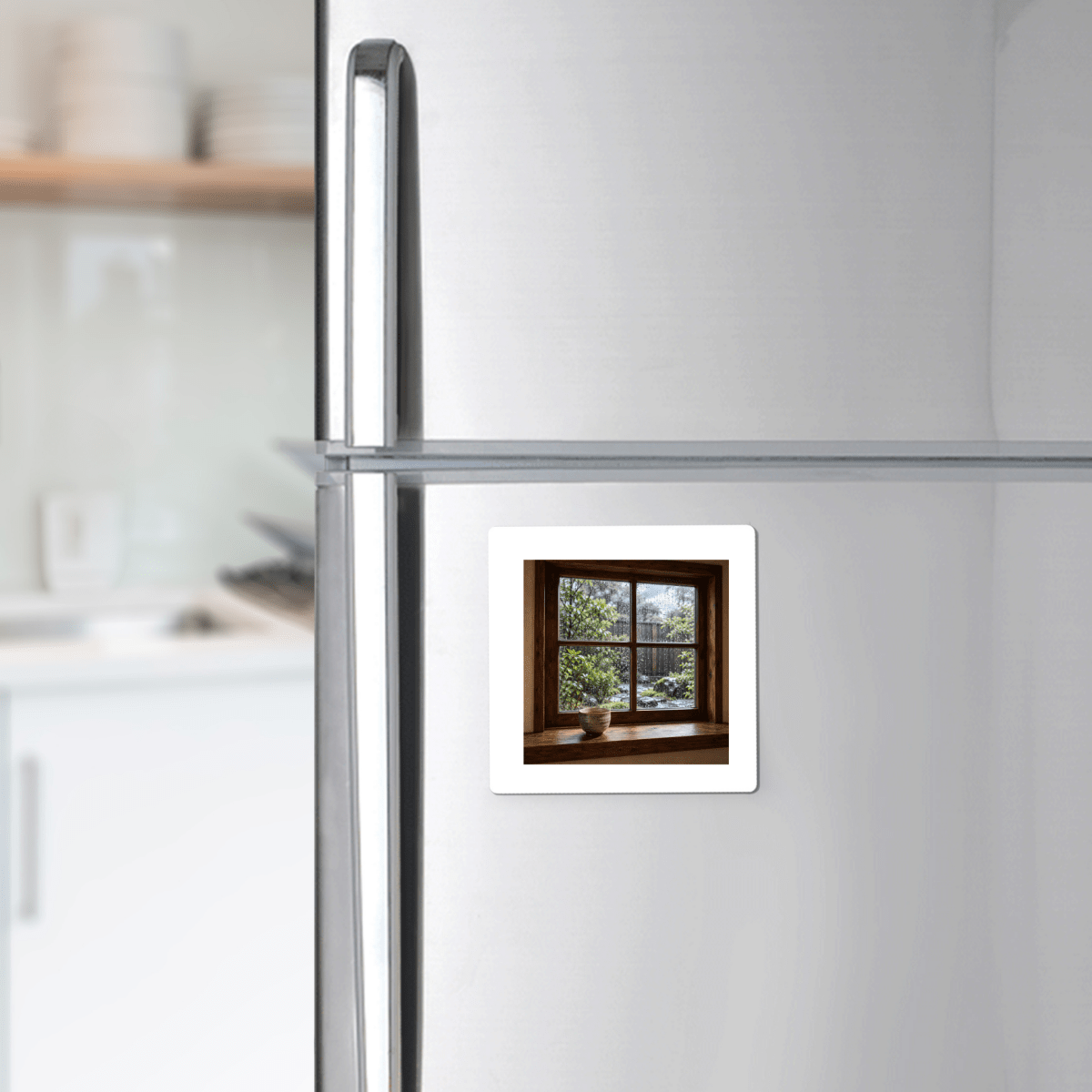 After the Rain Decorative Magnet by Mirabilia Boutique featuring a square art print of a window looking out onto a leafy garden with a small bowl on the sill, displayed on a refrigerator door.